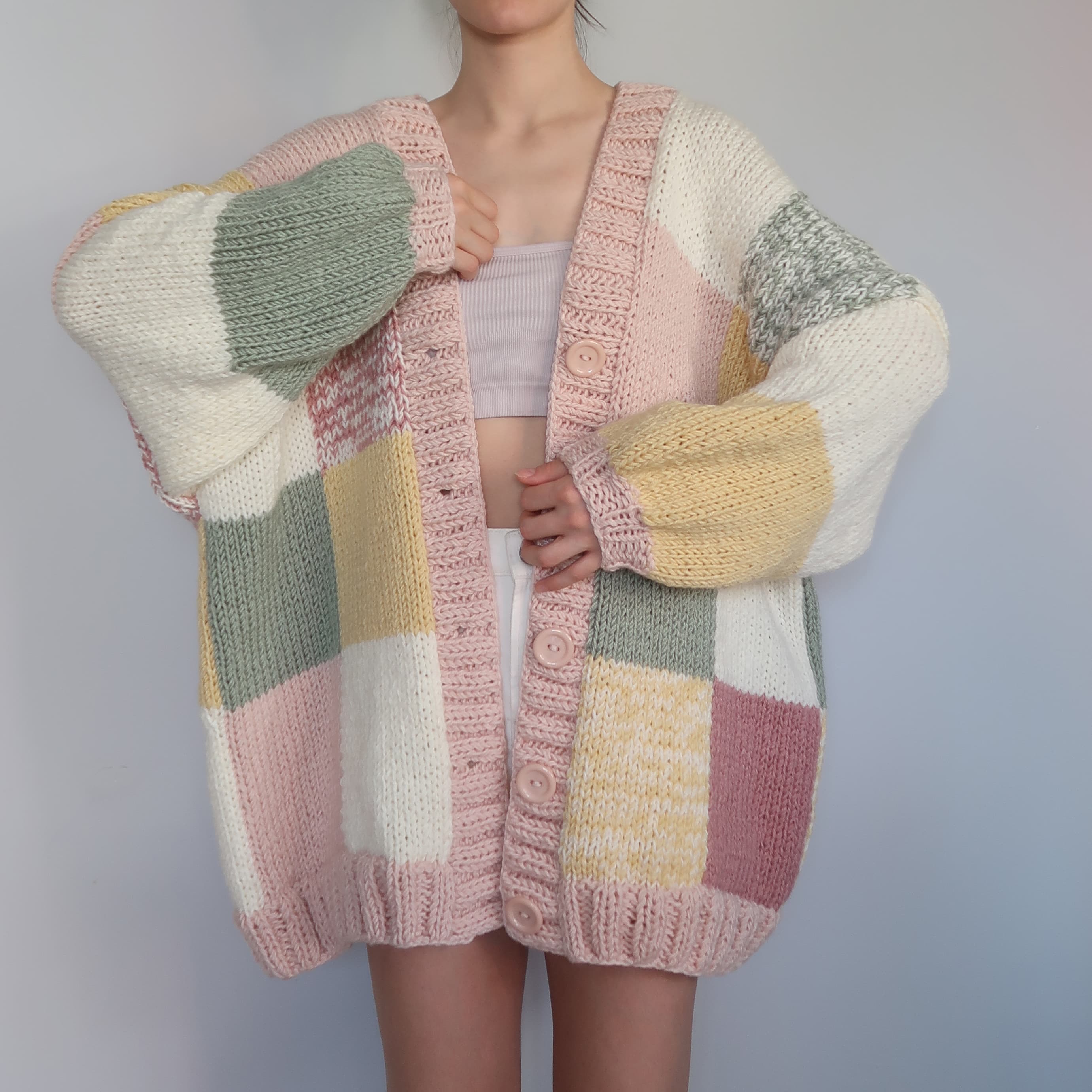 Thinner Pastel Marshmallow Patchwork Cardigan