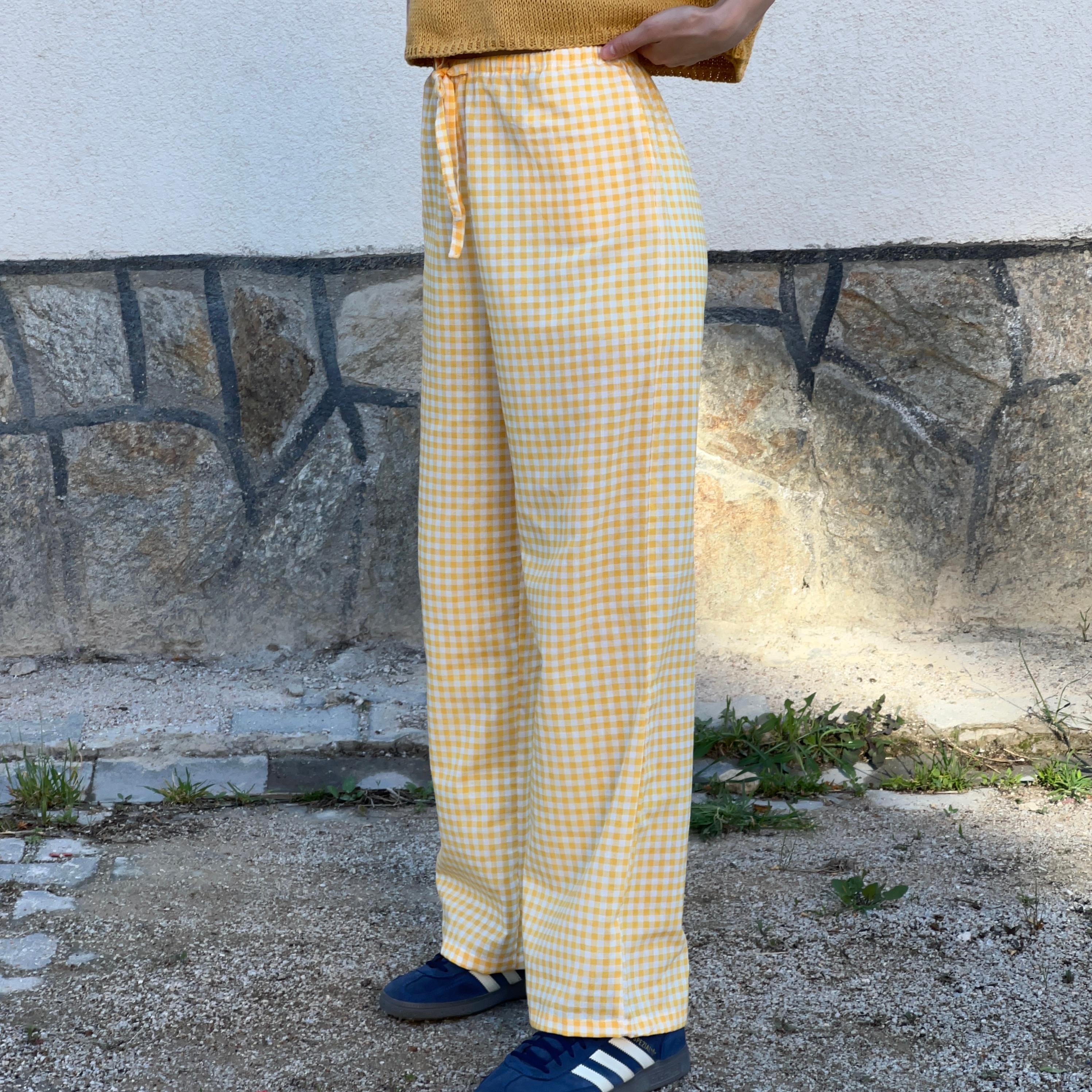 100% Linen Gingham Check Mid-Rise Trousers with Pockets - Yellow