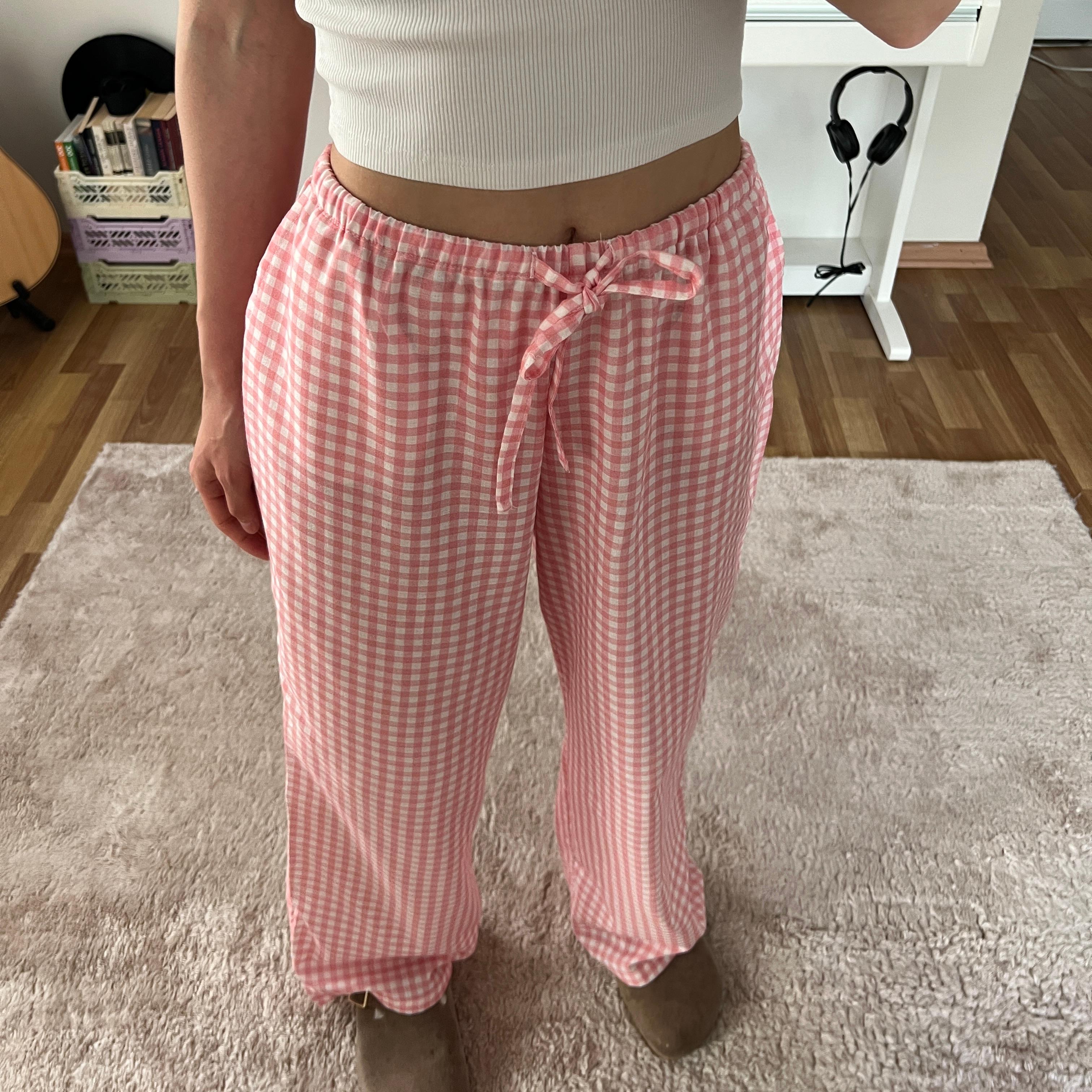 100% Linen Gingham Check Mid-Rise Trousers with Pockets - Pink