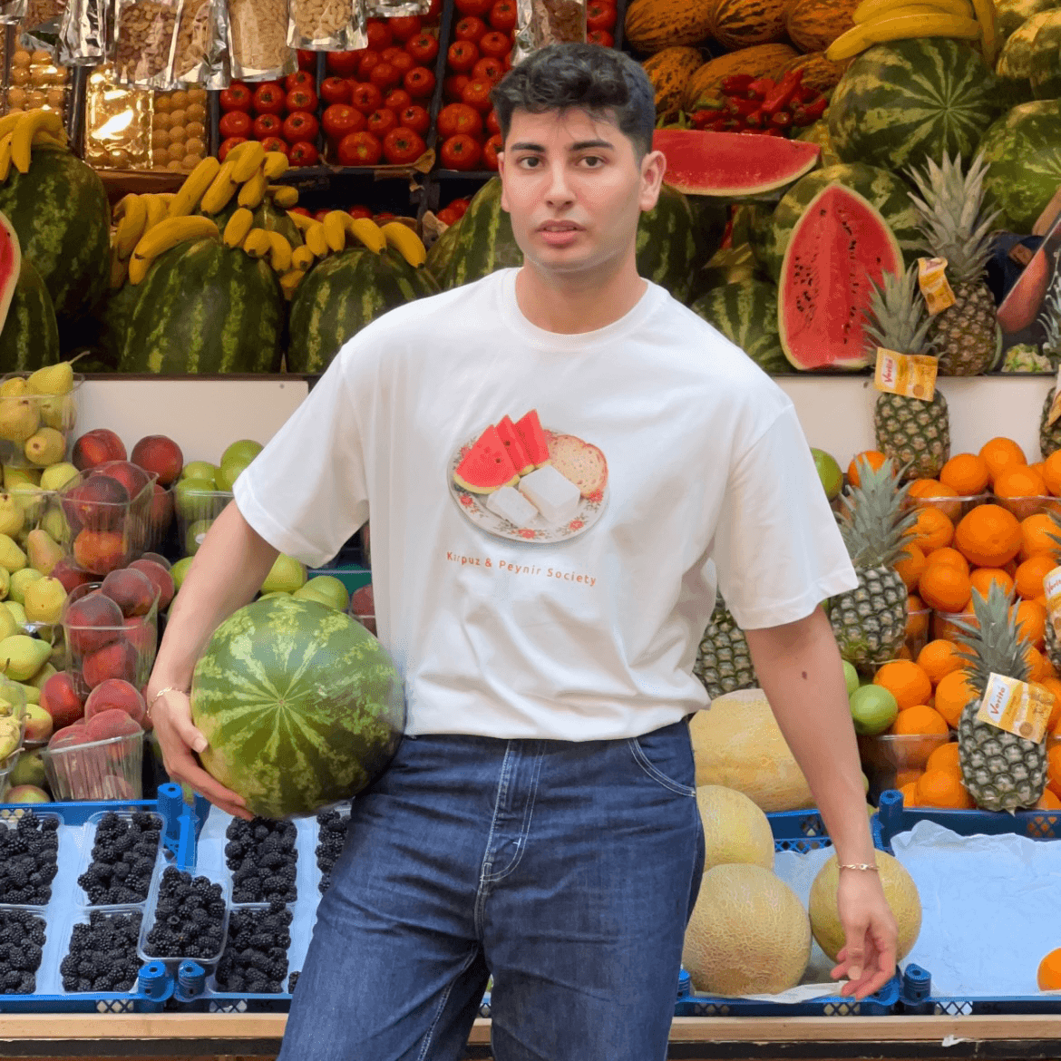 100% Cotton Crew Neck Boxy Fit Short Sleeve T-Shirt - Karpuz Peynir Society