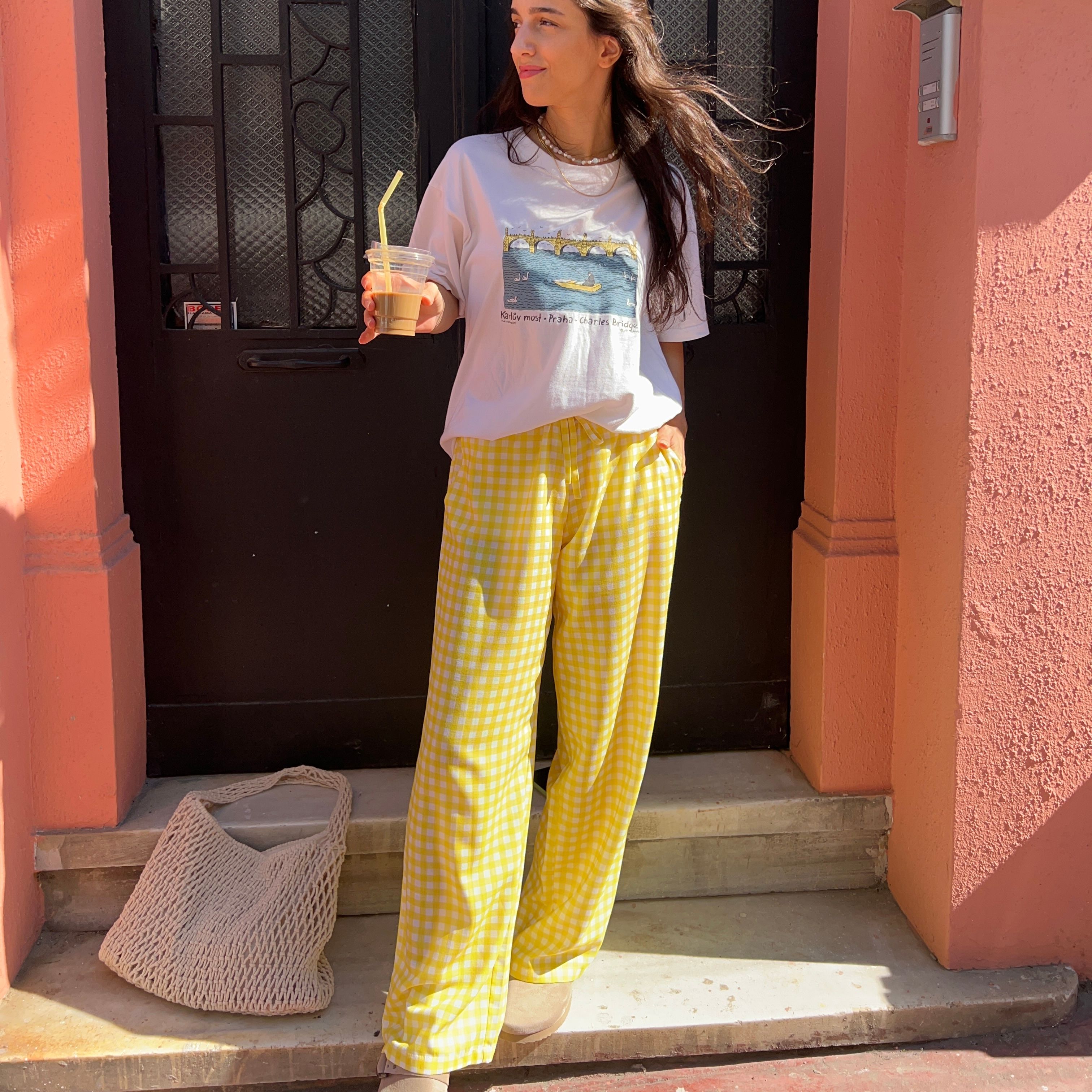 Straight-leg Linen Blend Handmade Gingham Trousers - Yellow