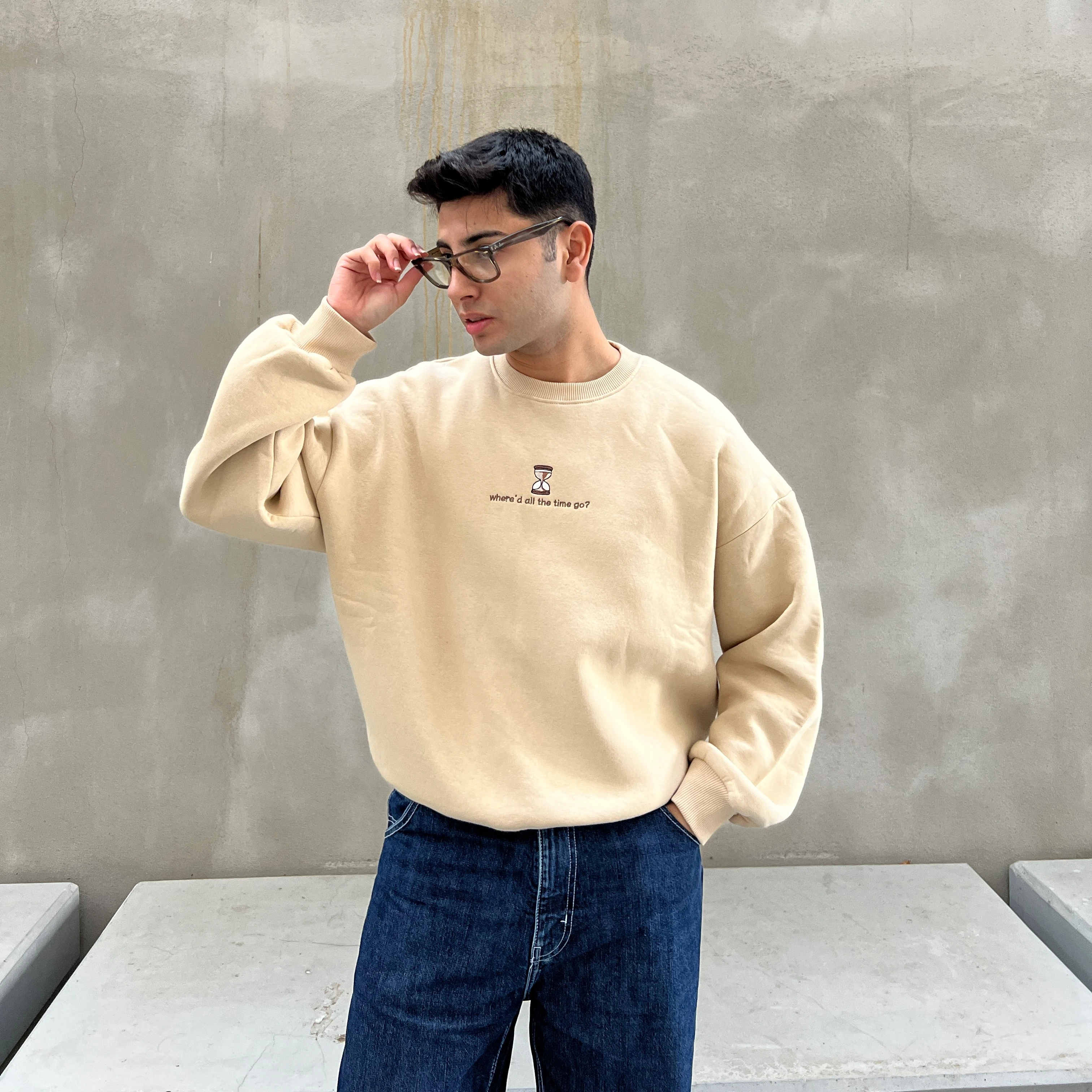 where’d all the time go? Embroidered Sweatshirt | Unisex Beige Oversized Cozy Sweatshirt | MÓIDE