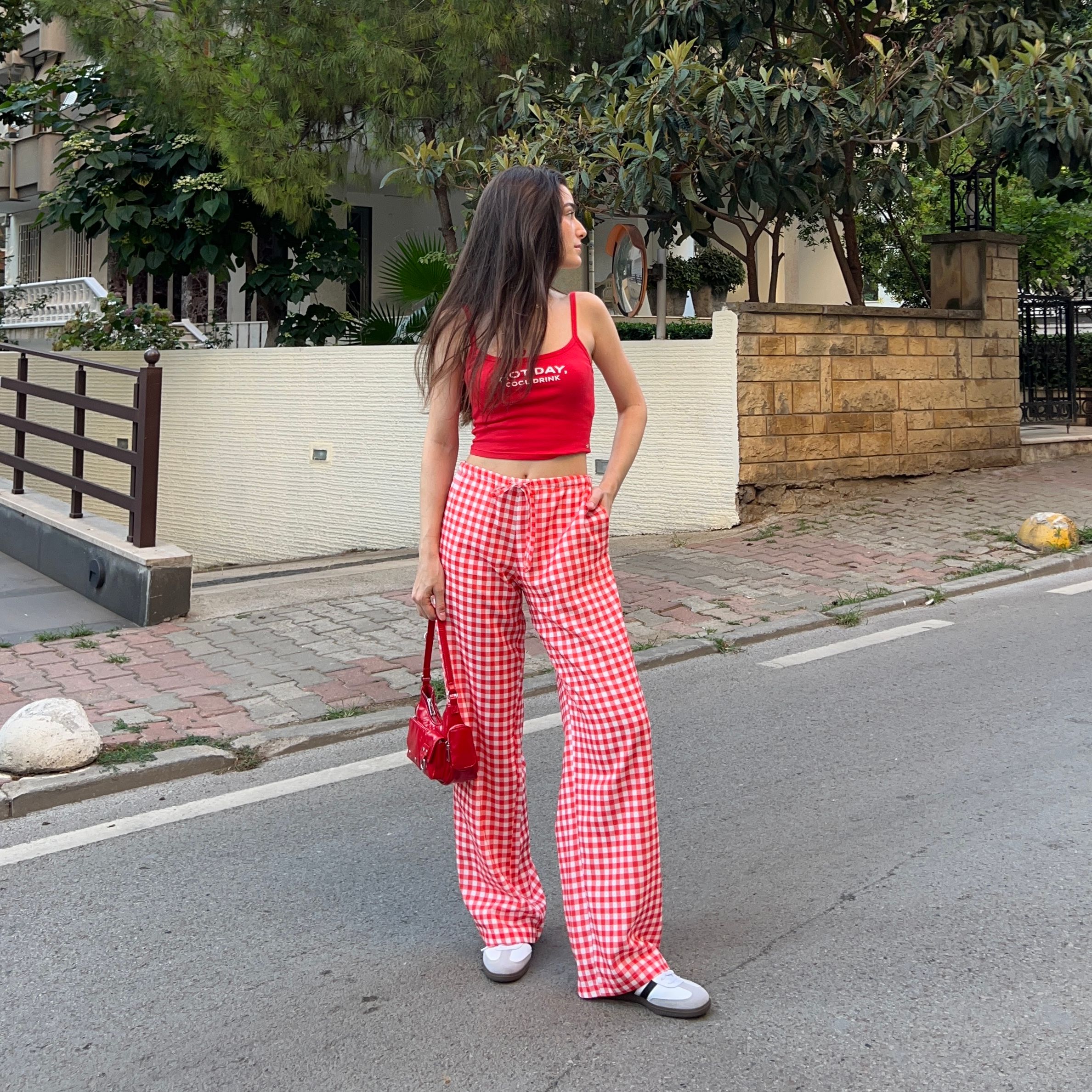 Straight-leg Linen Blend Handmade Gingham Trousers - Red