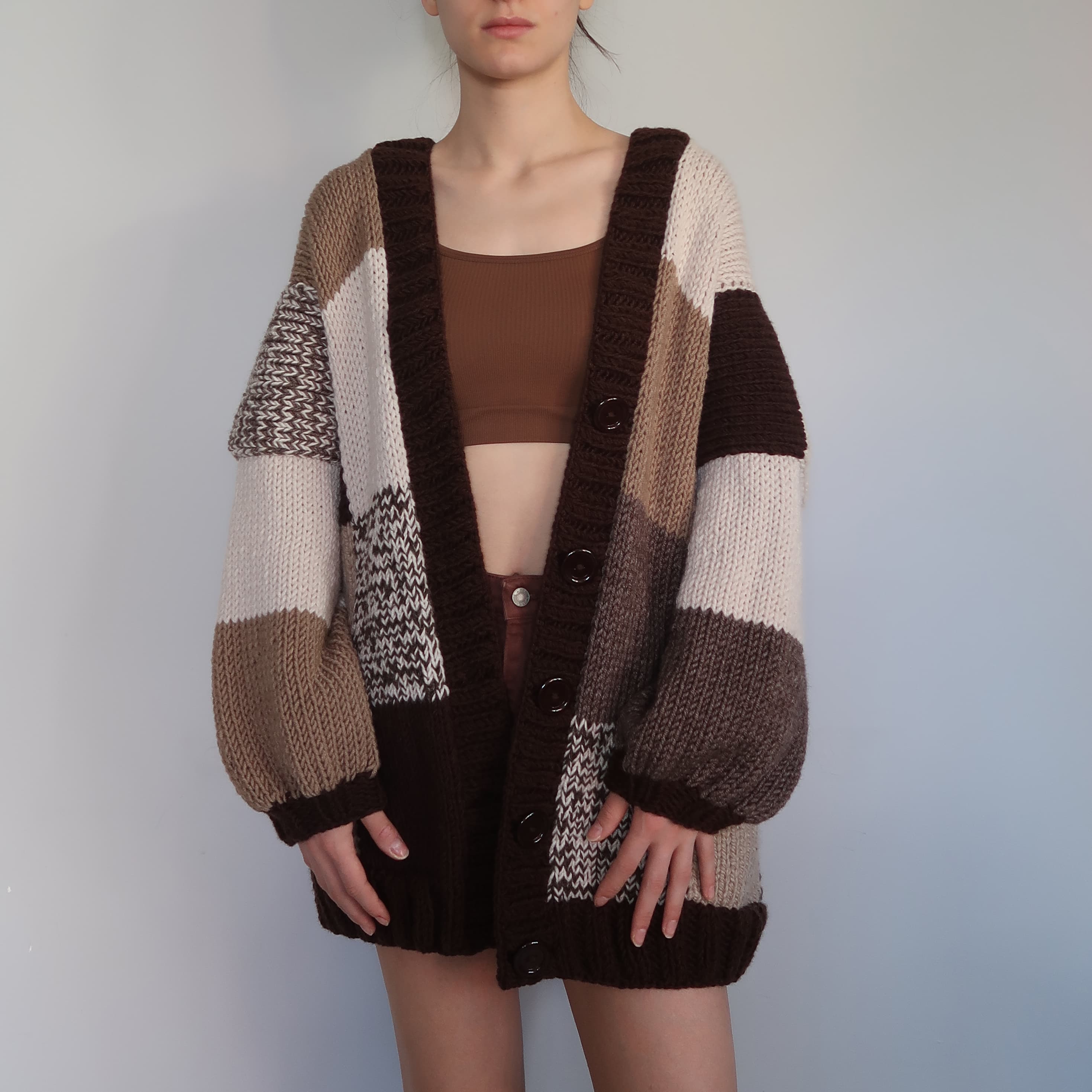 Thinner Coffee Bean Patchwork Cardigan