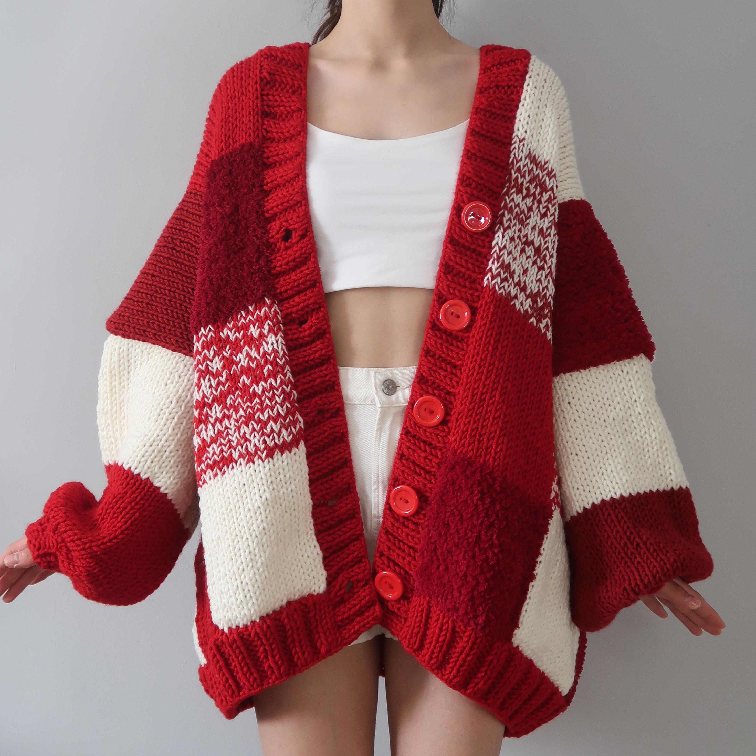 Thinner Red Velvet Patchwork Cardigan