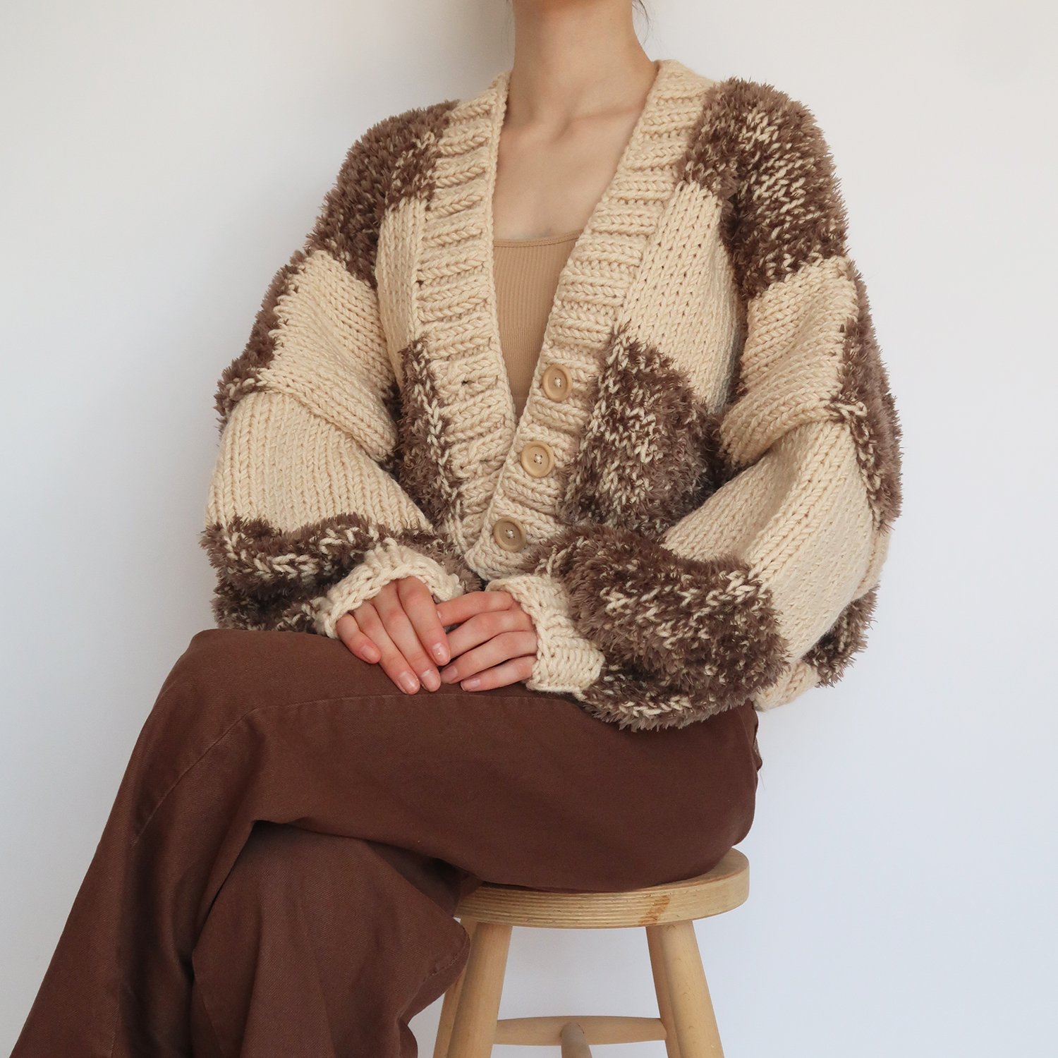 Light Brown Fluffy Patchwork Cardigan