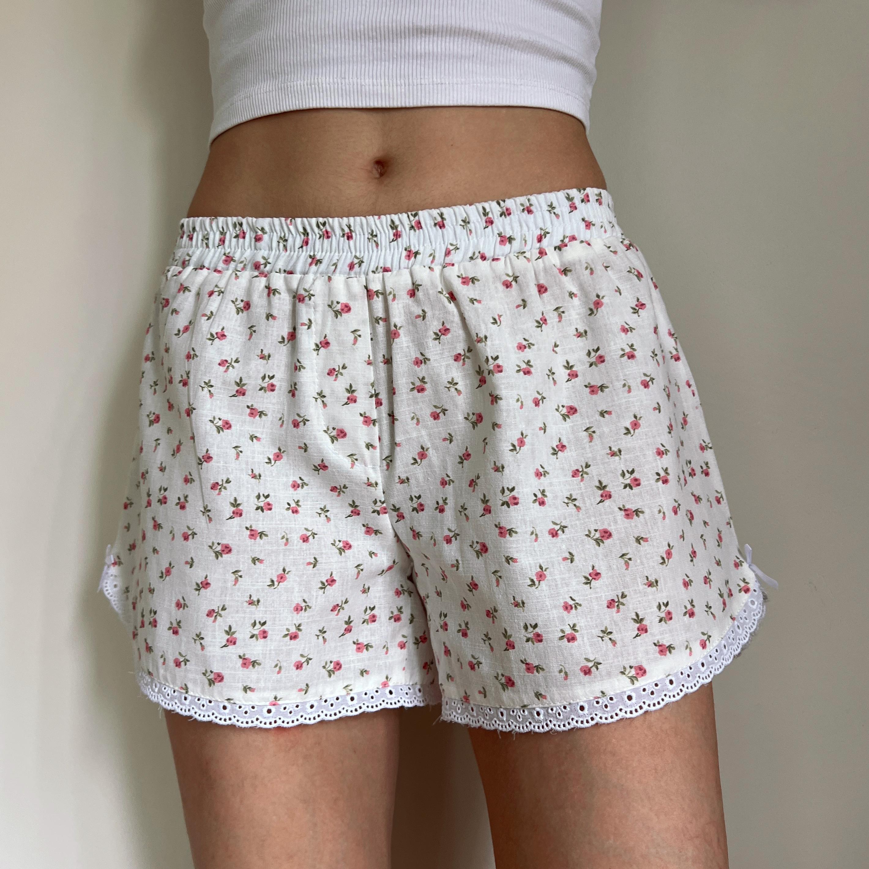 Linen Floral Handmade Shorts with Lace Detail - White