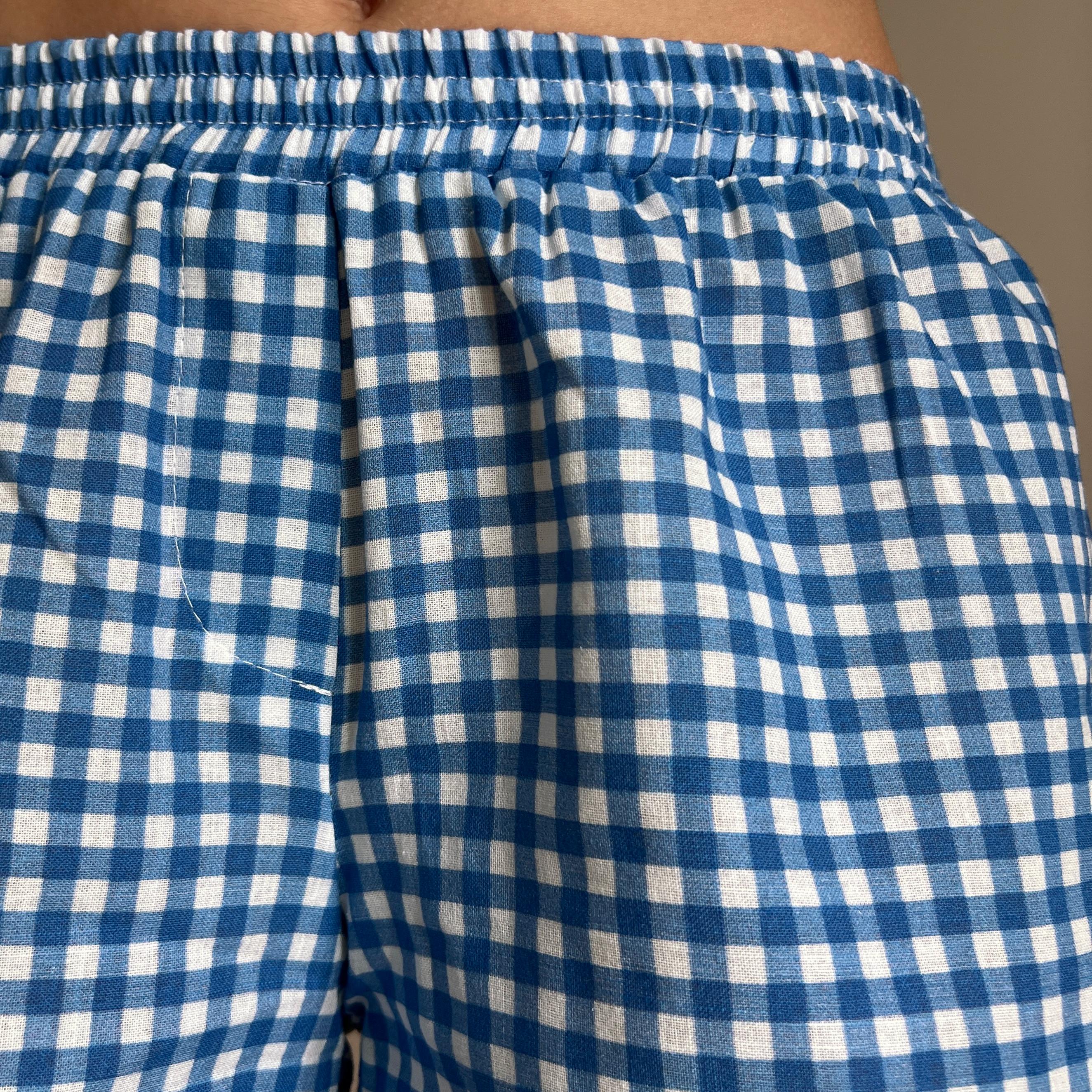 Linen Gingham Check Handmade Shorts with Lace Detail - Blue