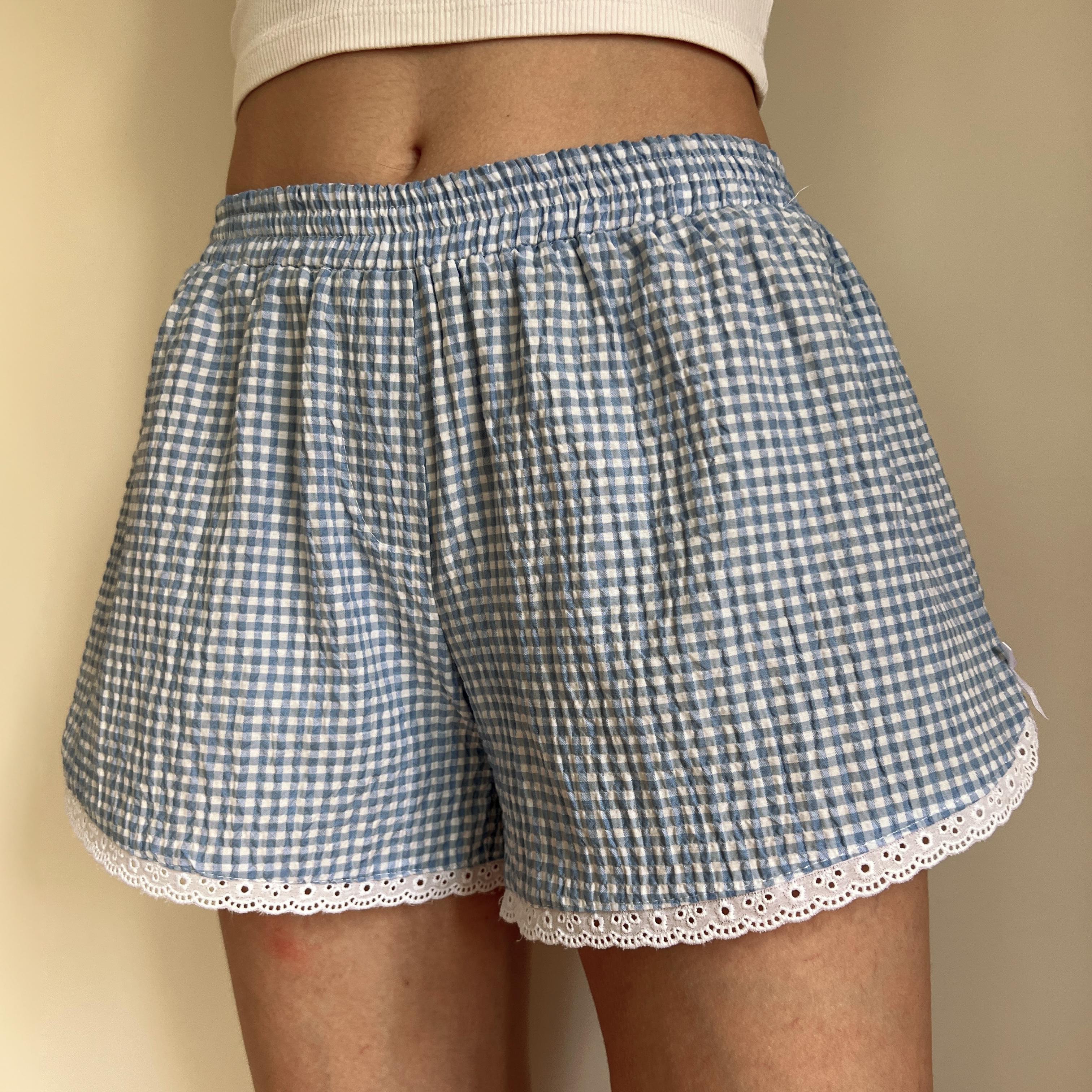 Gingham Check Handmade Shorts with Lace Detail