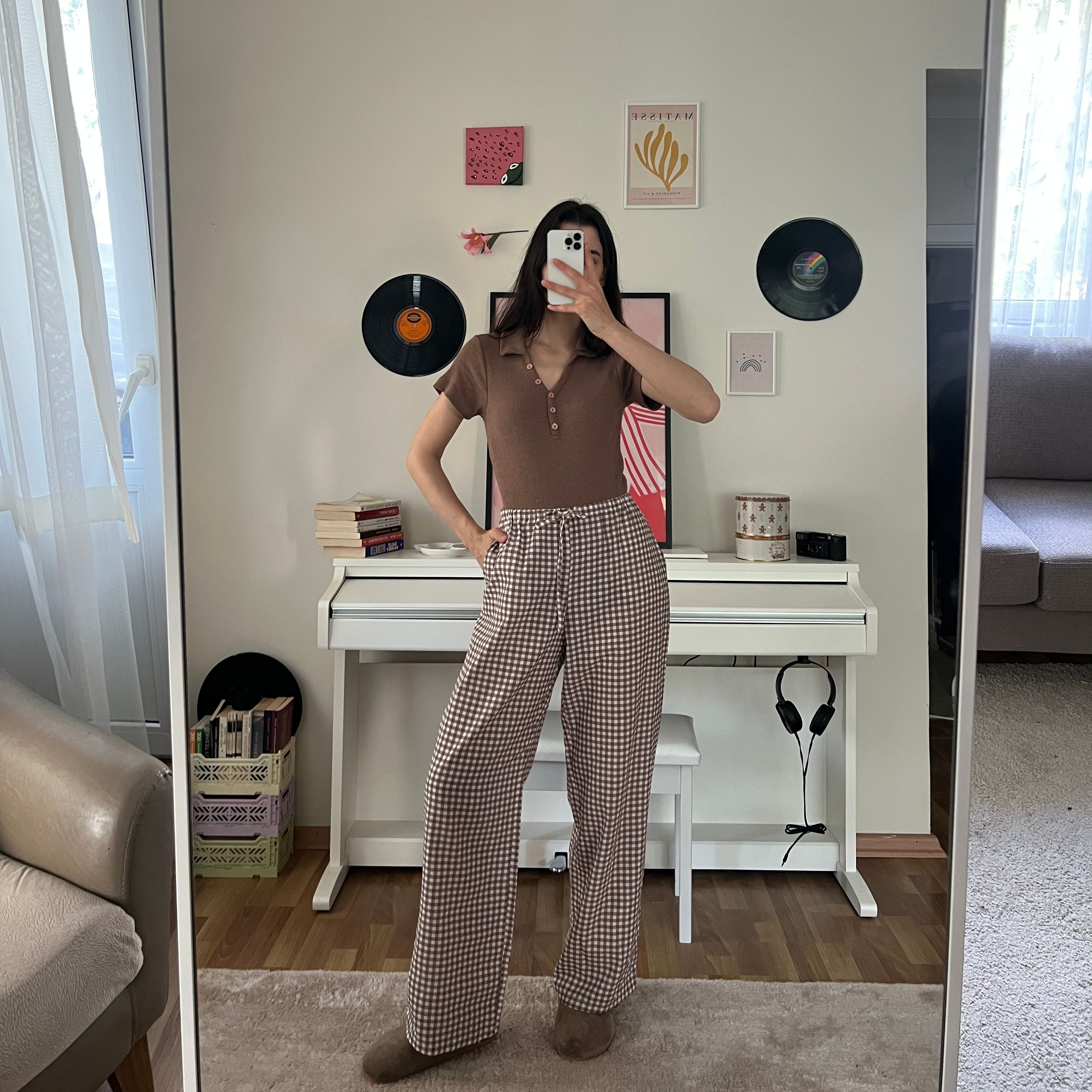 100% Linen Gingham Check Mid-Rise Trousers with Pockets - Brown