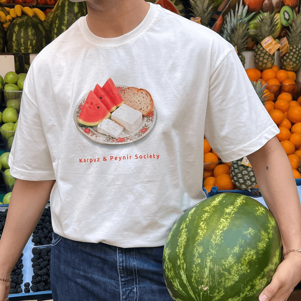 100% Cotton Crew Neck Boxy Fit Short Sleeve T-Shirt - Karpuz Peynir Society