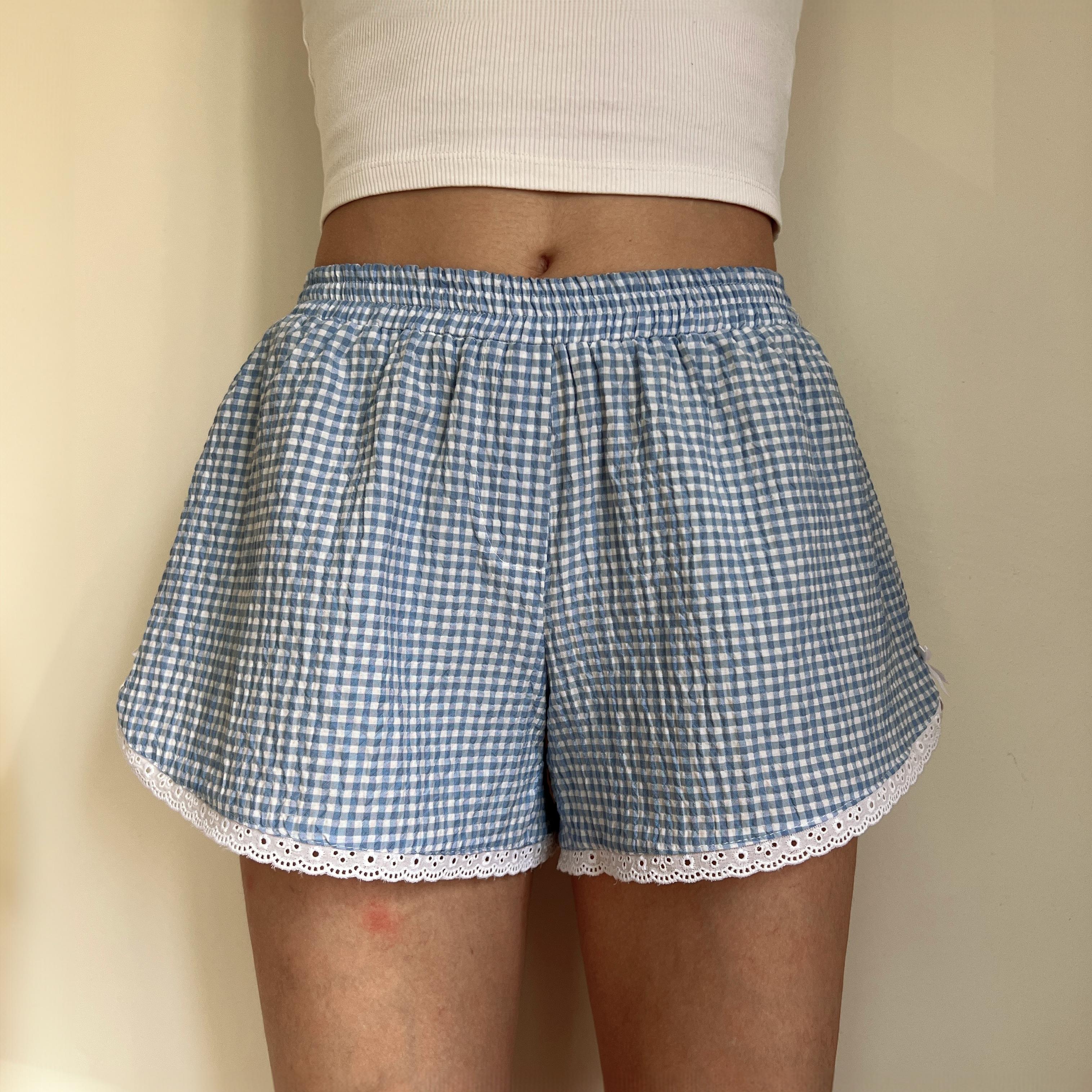 Gingham Check Handmade Shorts with Lace Detail