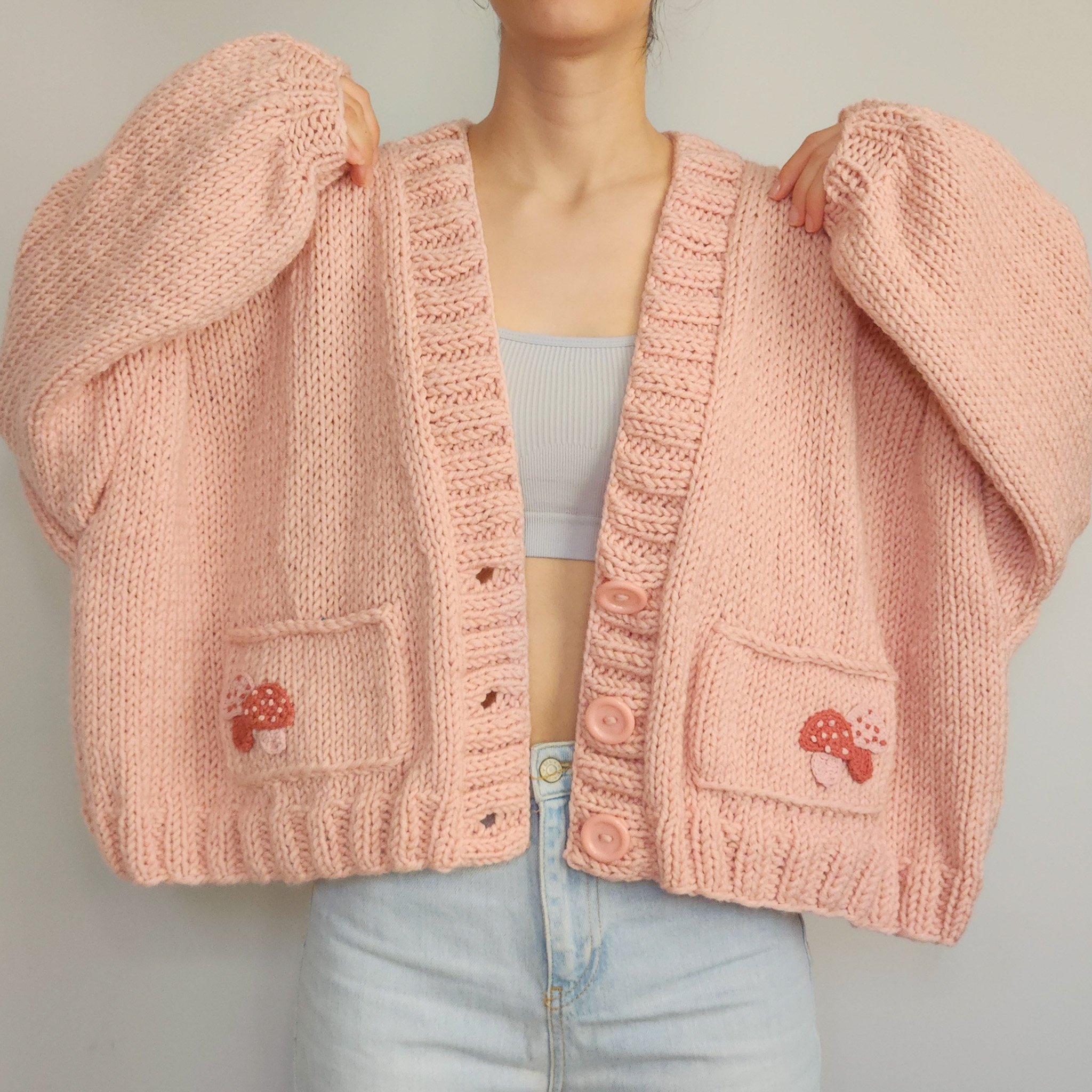 Pink Mushroom Pocket Cardigan