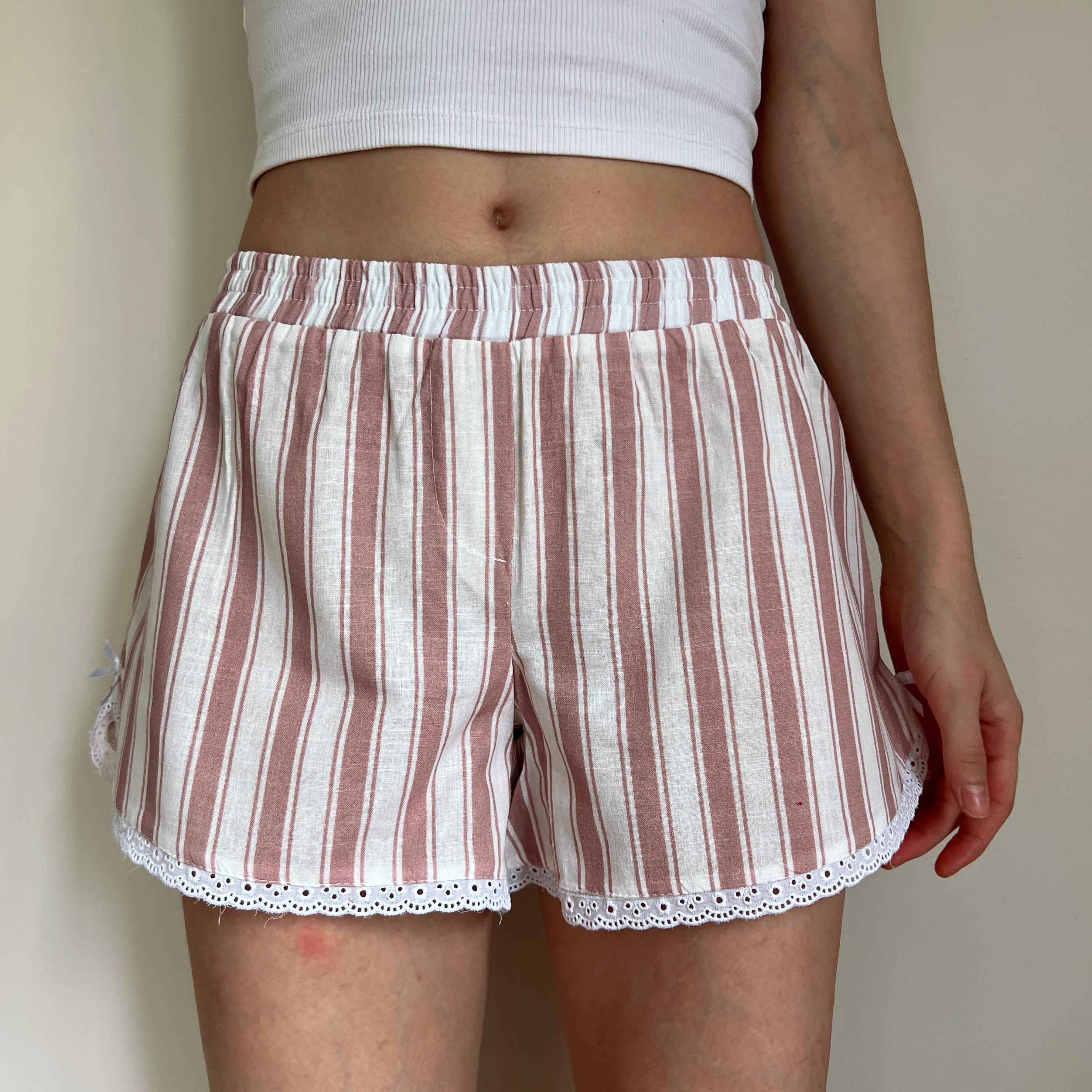 Linen Striped Handmade Shorts with Lace Detail