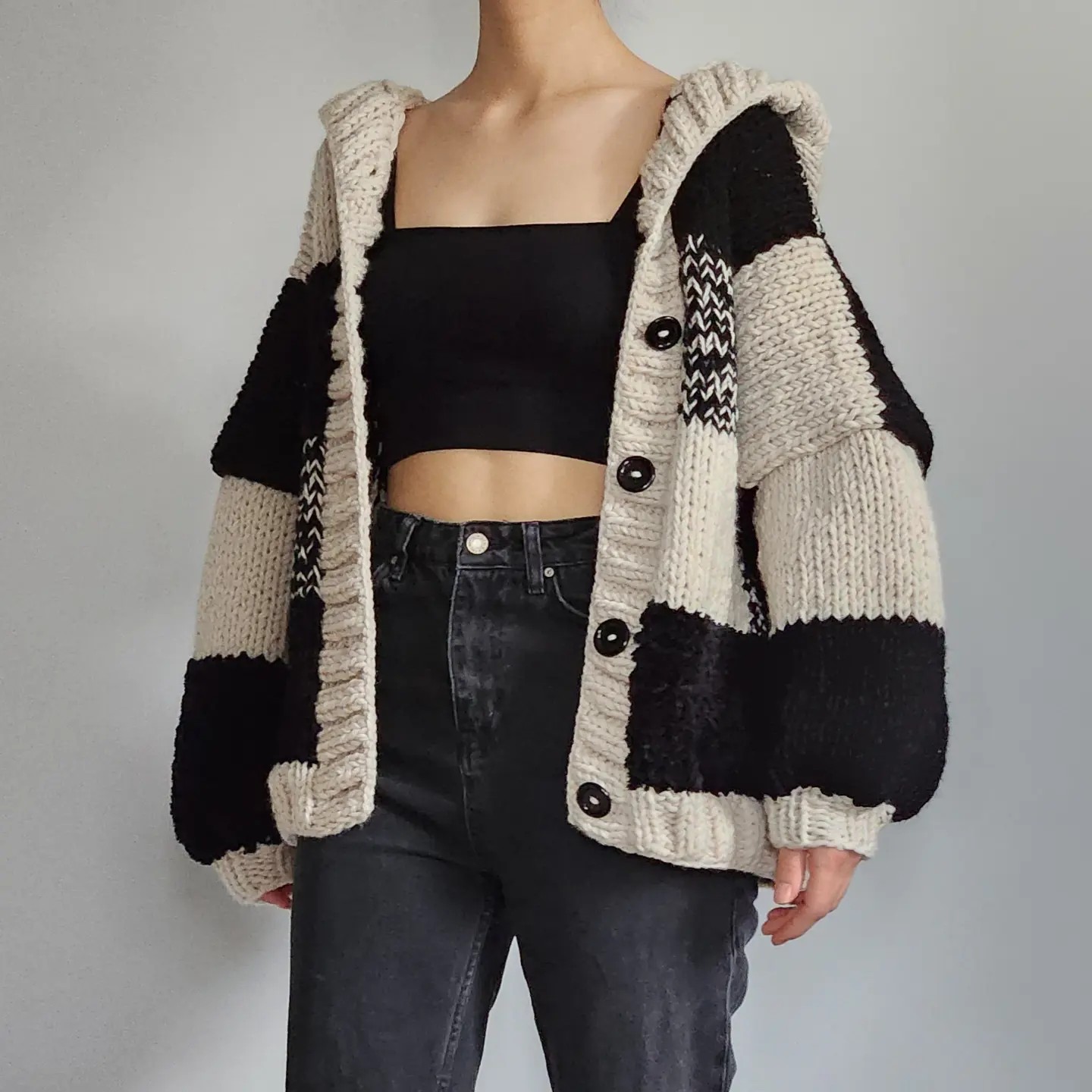 Hooded Black Patchwork Cardigan