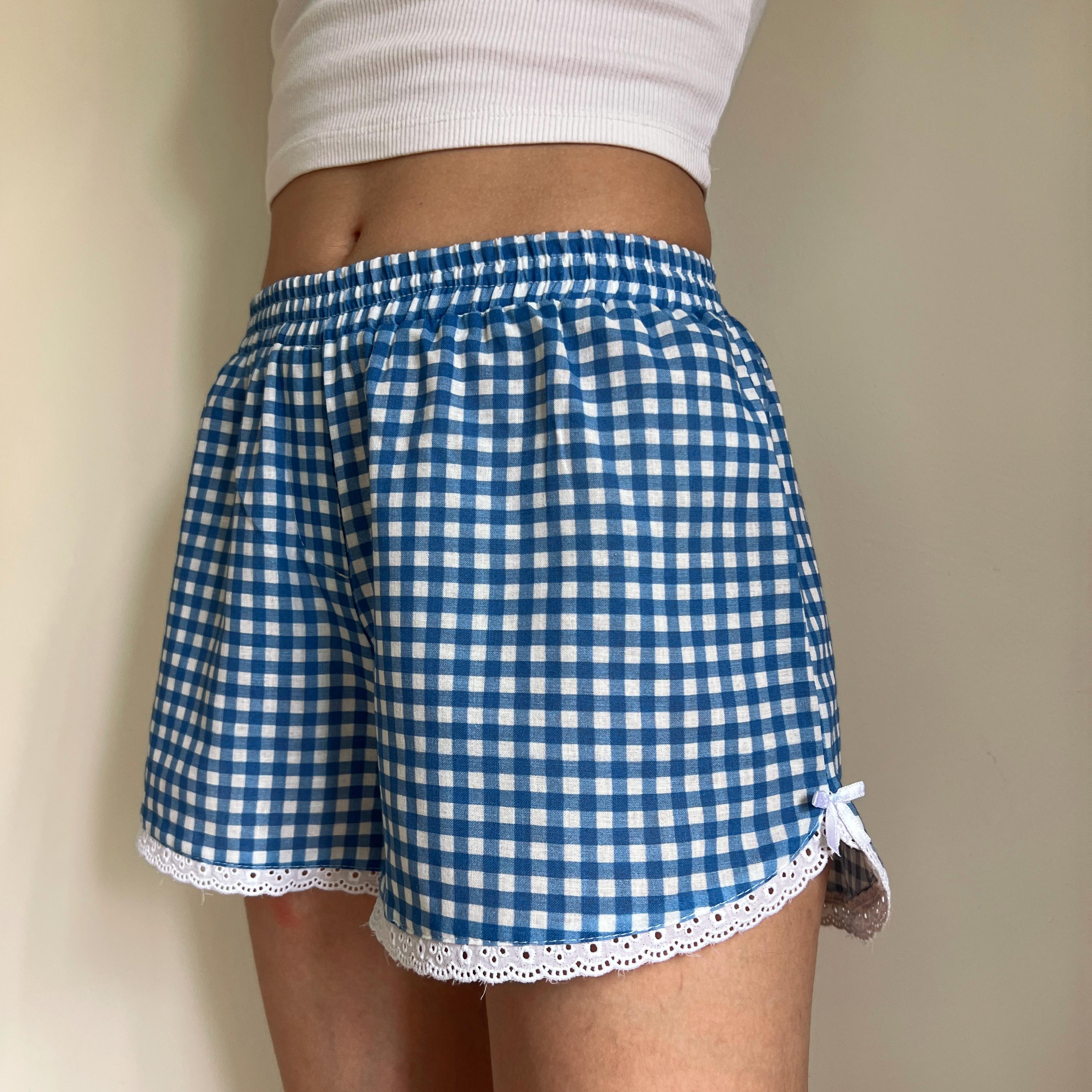 Linen Gingham Check Handmade Shorts with Lace Detail - Blue