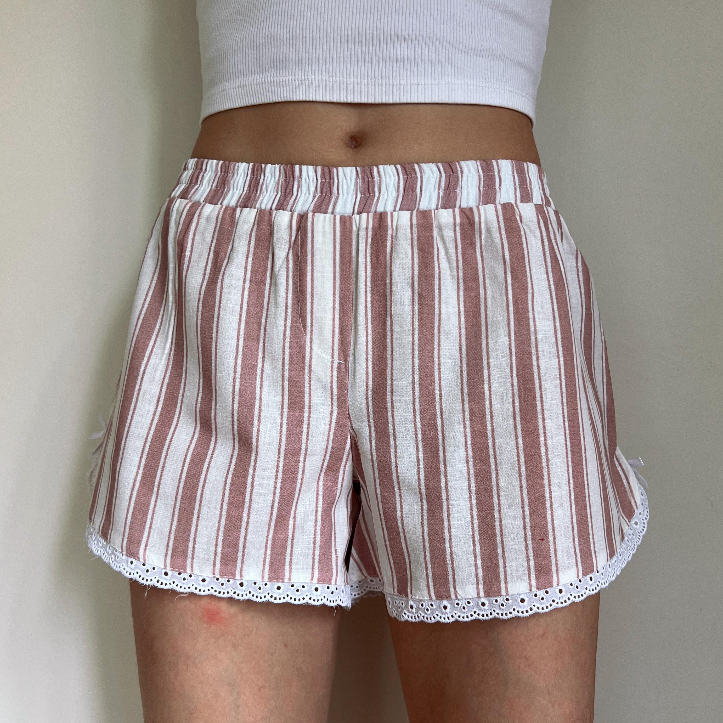 Linen Striped Handmade Shorts with Lace Detail