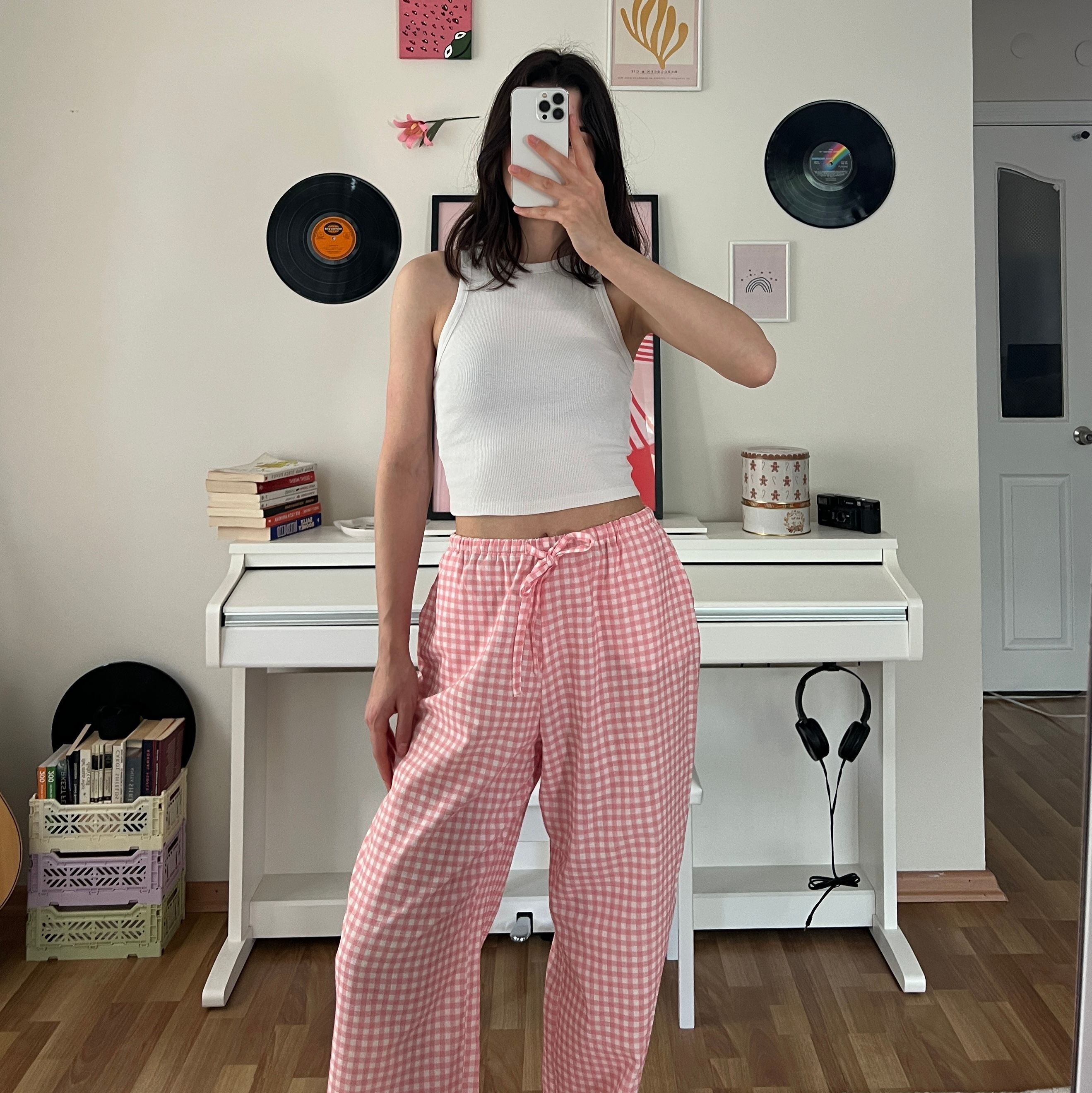 100% Linen Gingham Check Mid-Rise Trousers with Pockets - Pink