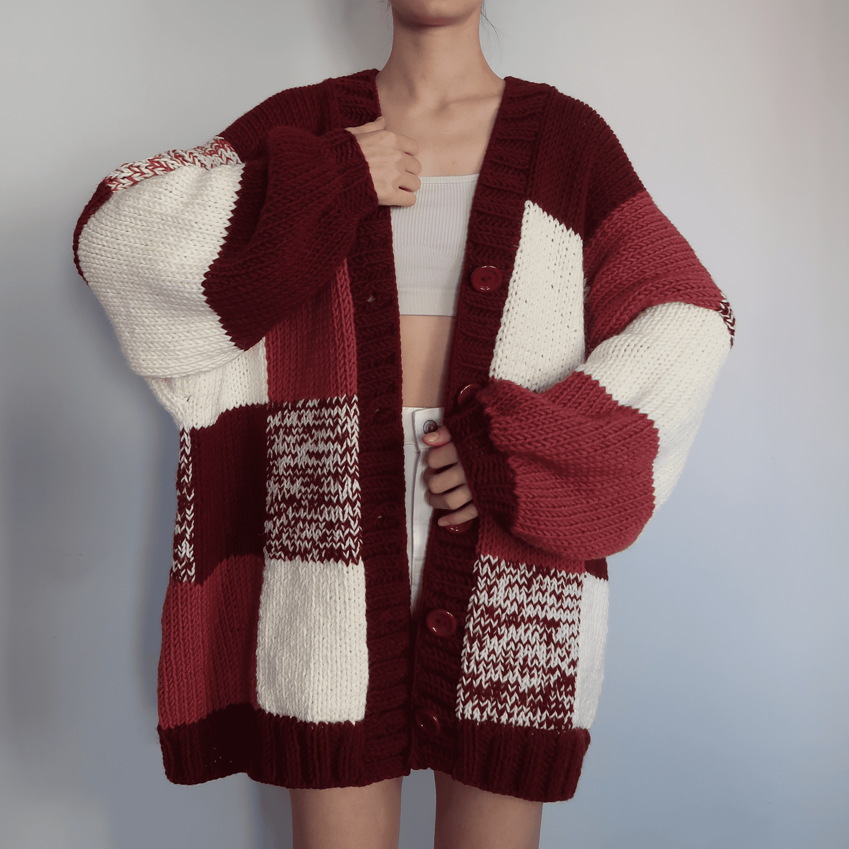 Thinner Maroon Patchwork Cardigan