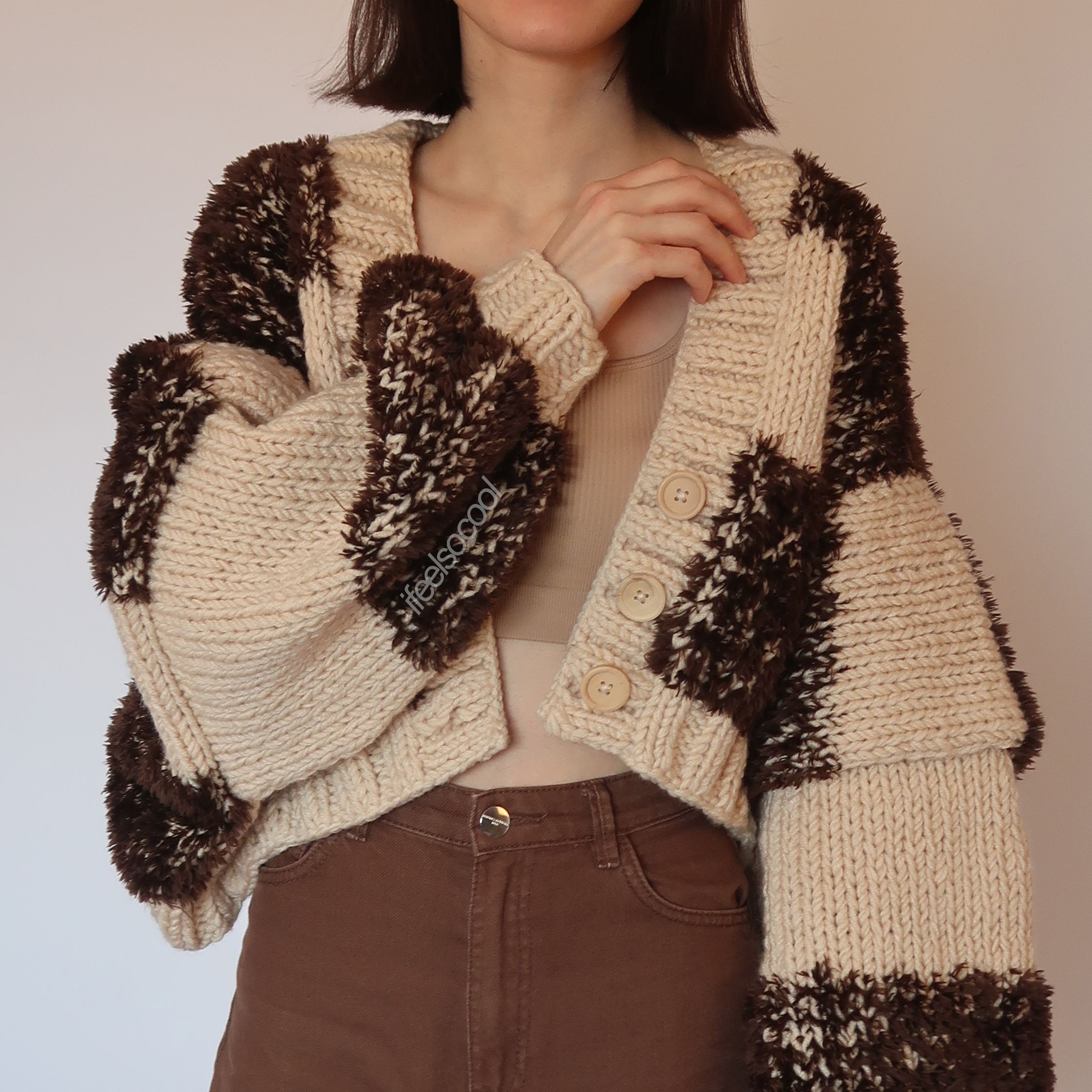 Dark Brown Fluffy Patchwork Cardigan