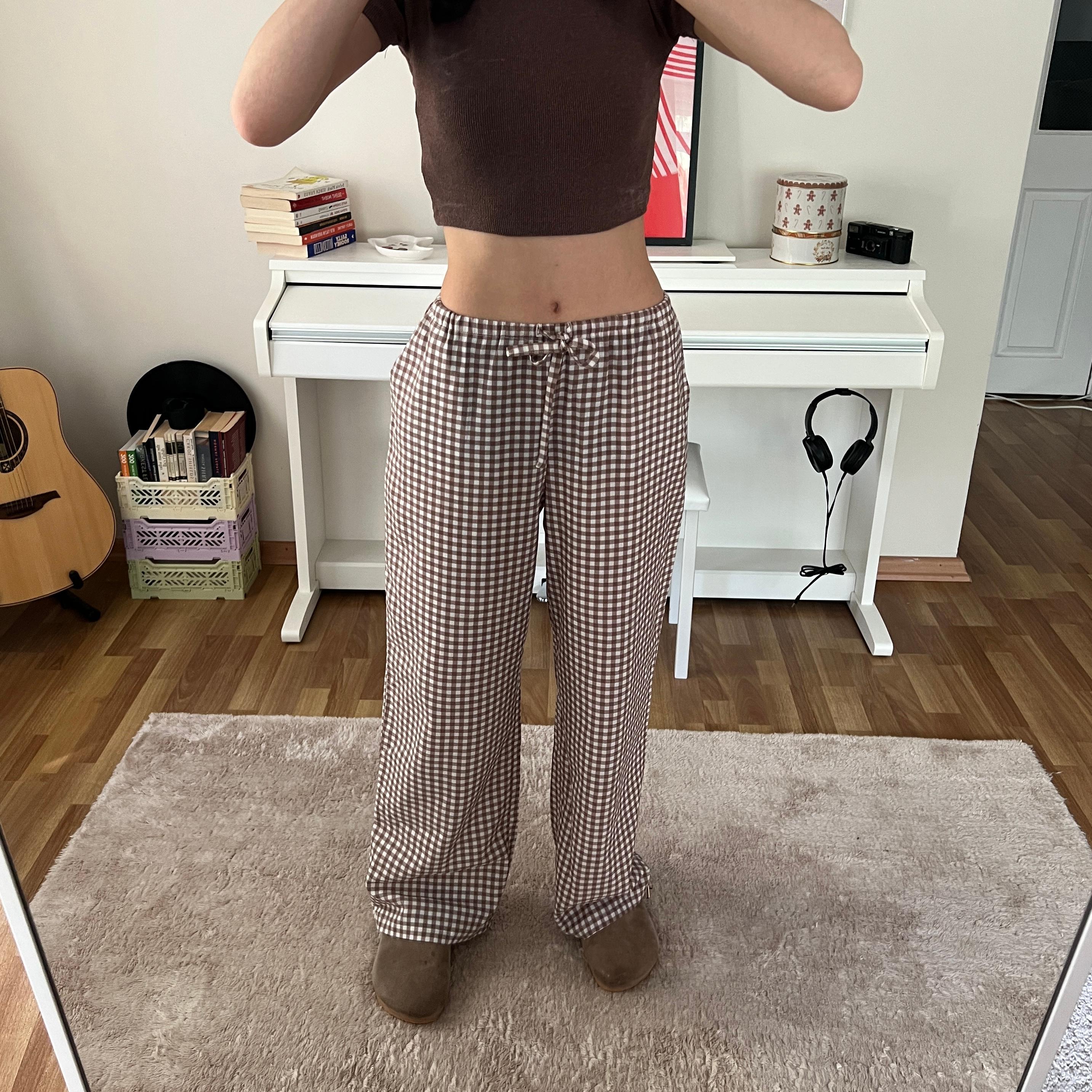 100% Linen Gingham Check Mid-Rise Trousers with Pockets - Brown