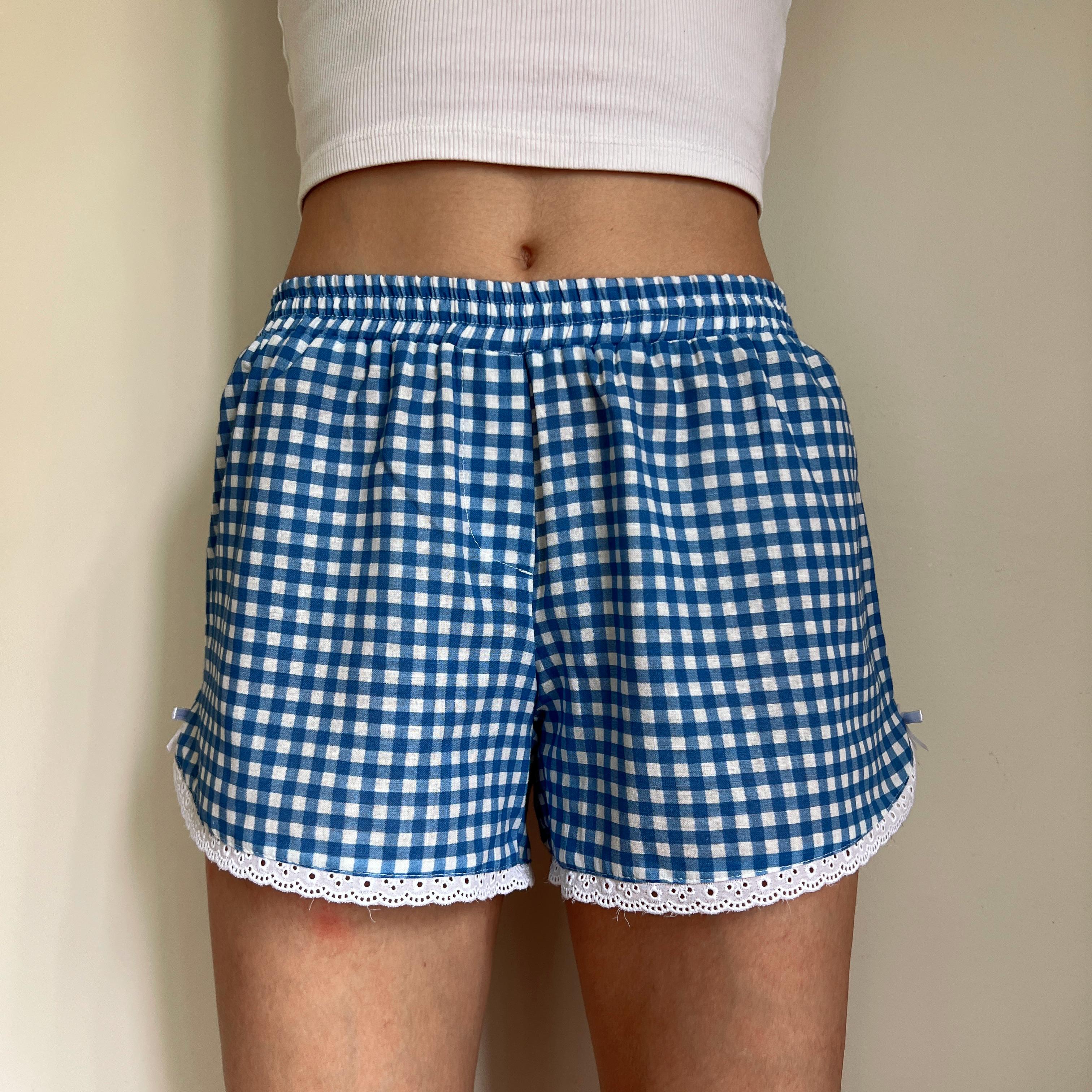 Linen Gingham Check Handmade Shorts with Lace Detail - Blue