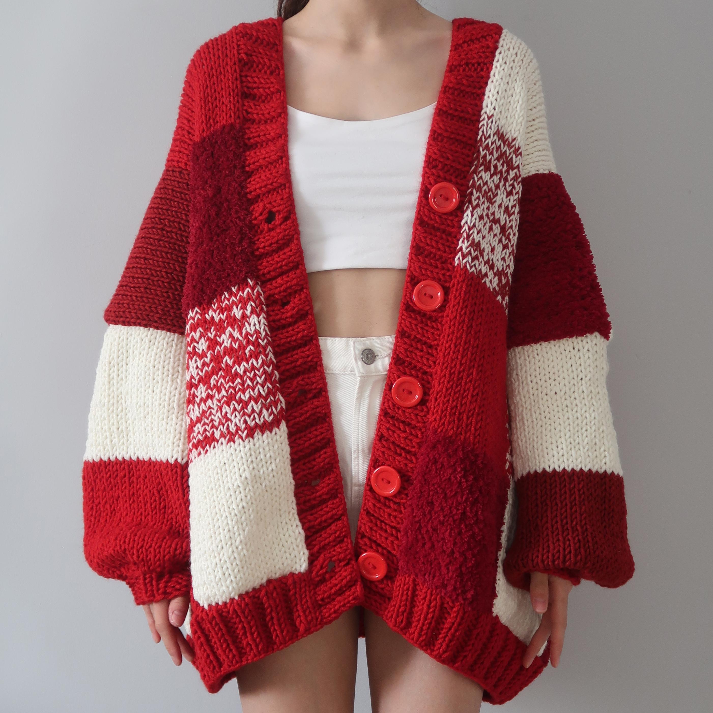 Thinner Red Velvet Patchwork Cardigan