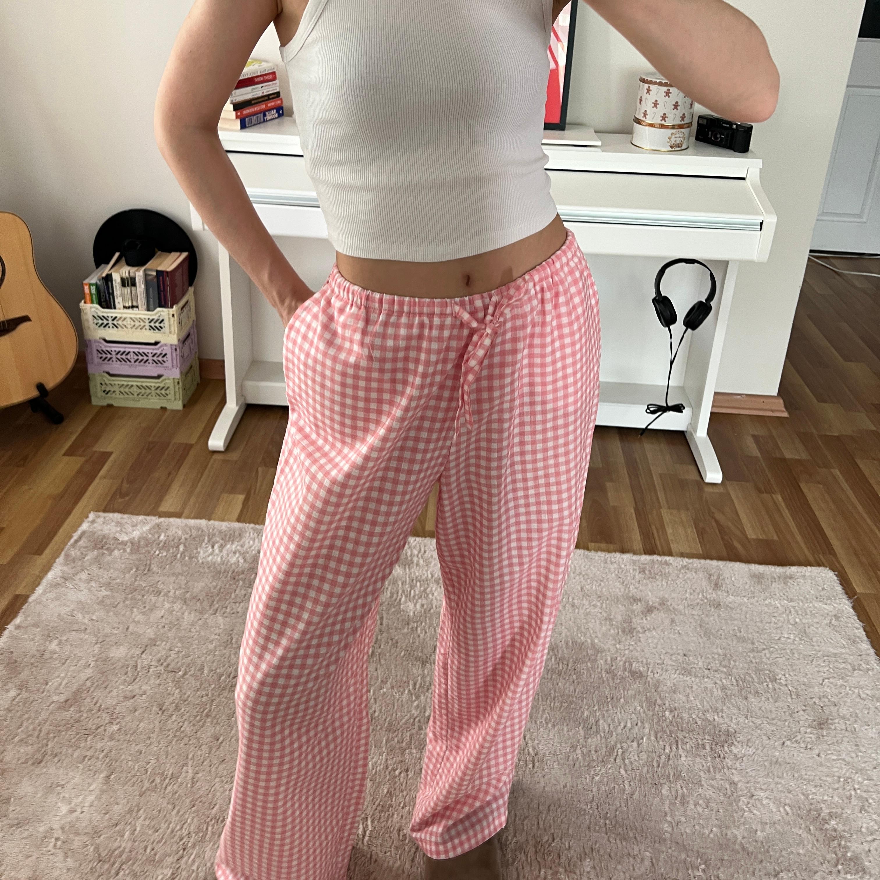 100% Linen Gingham Check Mid-Rise Trousers with Pockets - Pink