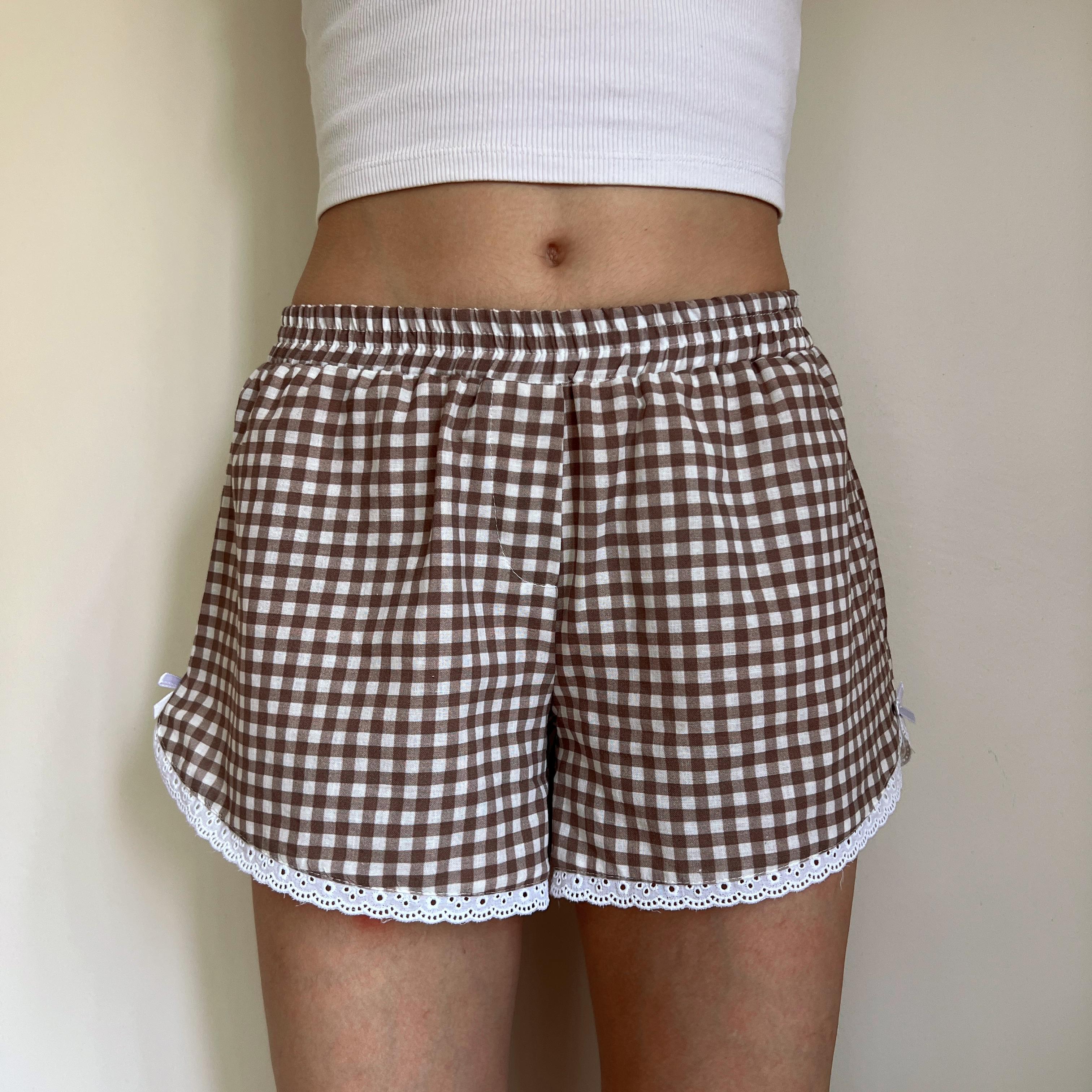 Linen Gingham Check Handmade Shorts with Lace Detail - Brown