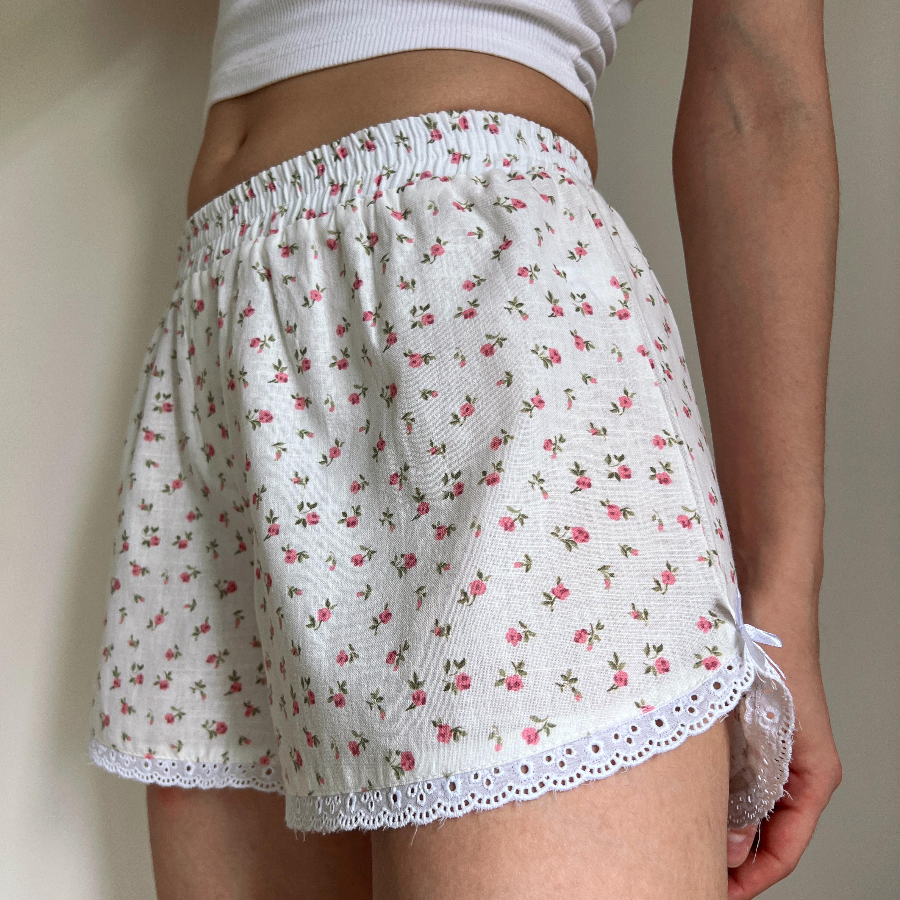 Linen Floral Handmade Shorts with Lace Detail - White