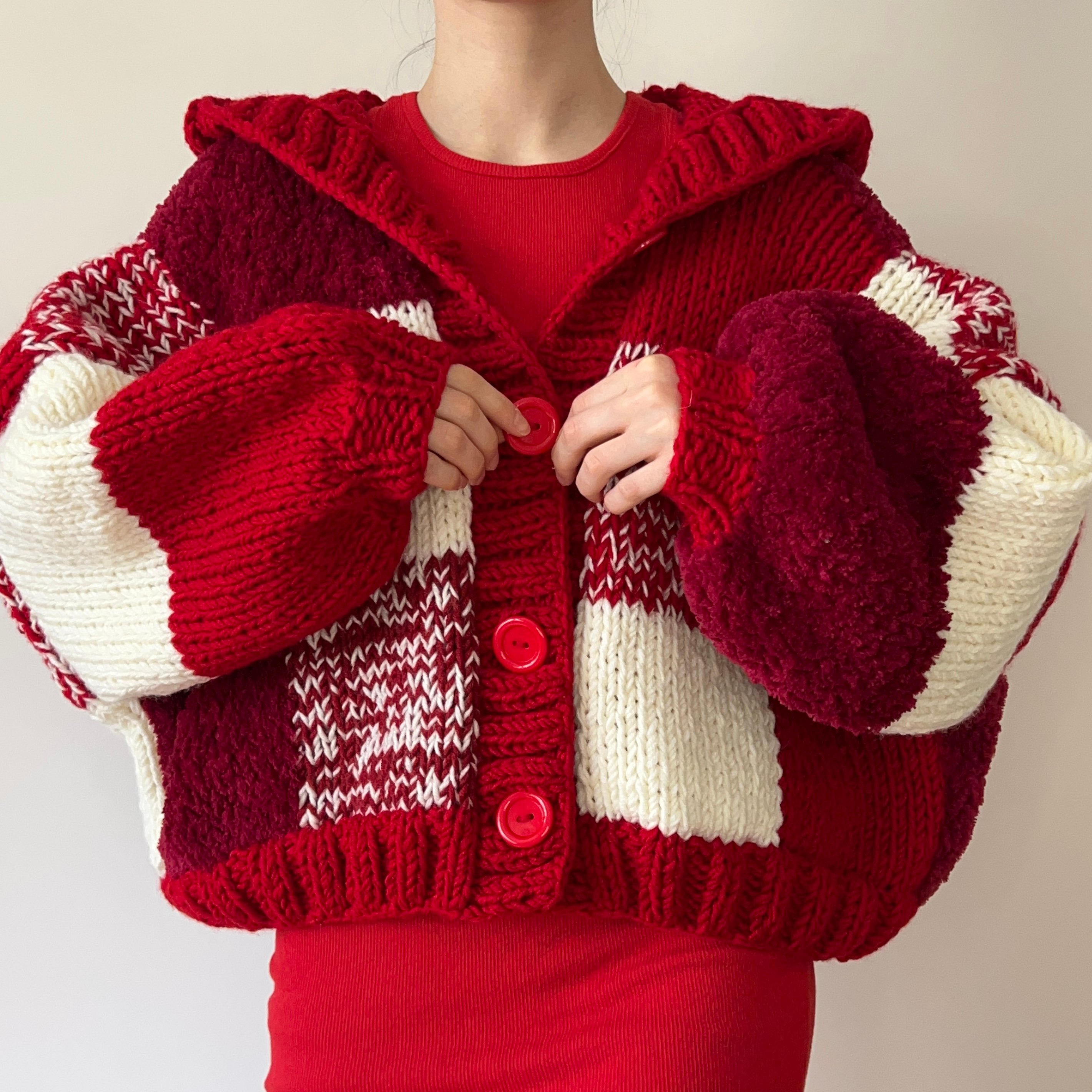 Hooded Red Velvet Patchwork Cardigan