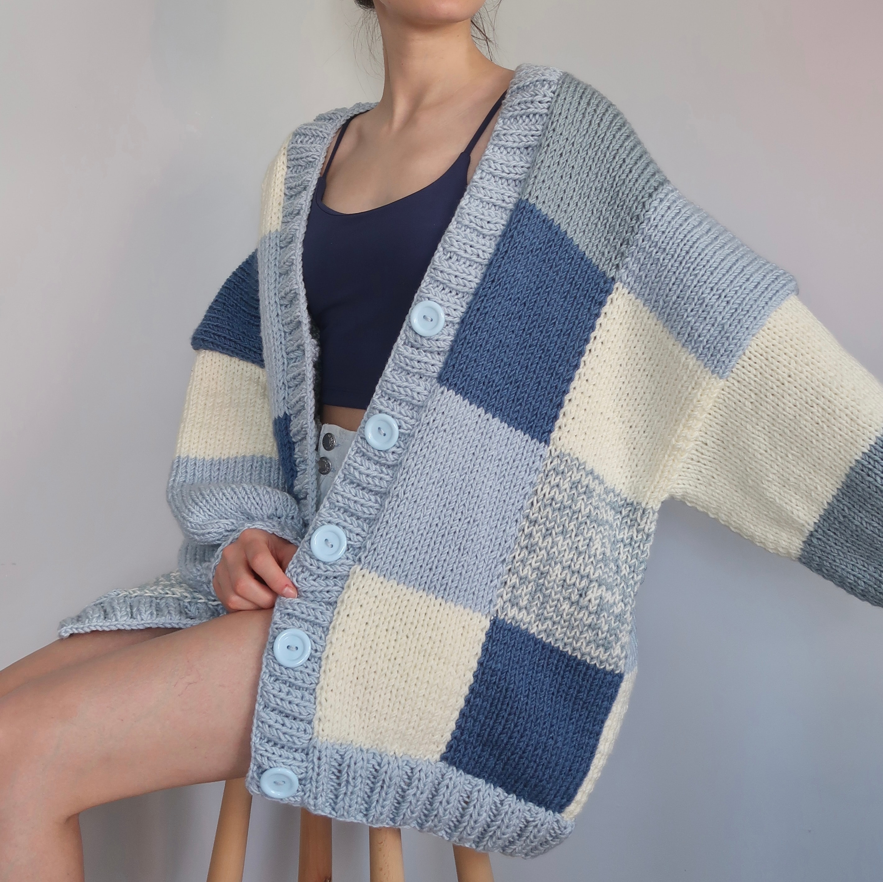 Thinner Cloud Blue Patchwork Cardigan