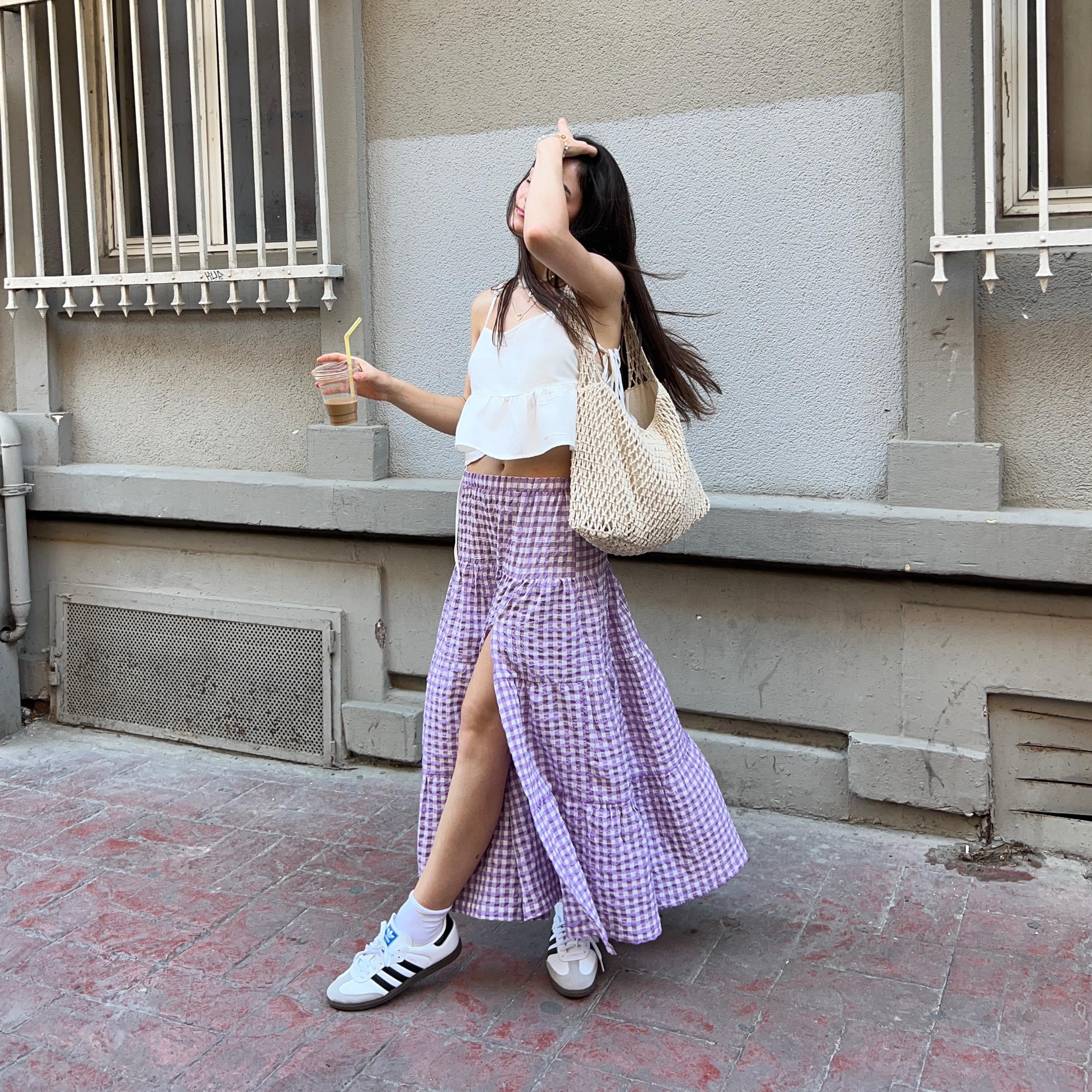 Gingham Check Midi Skirt