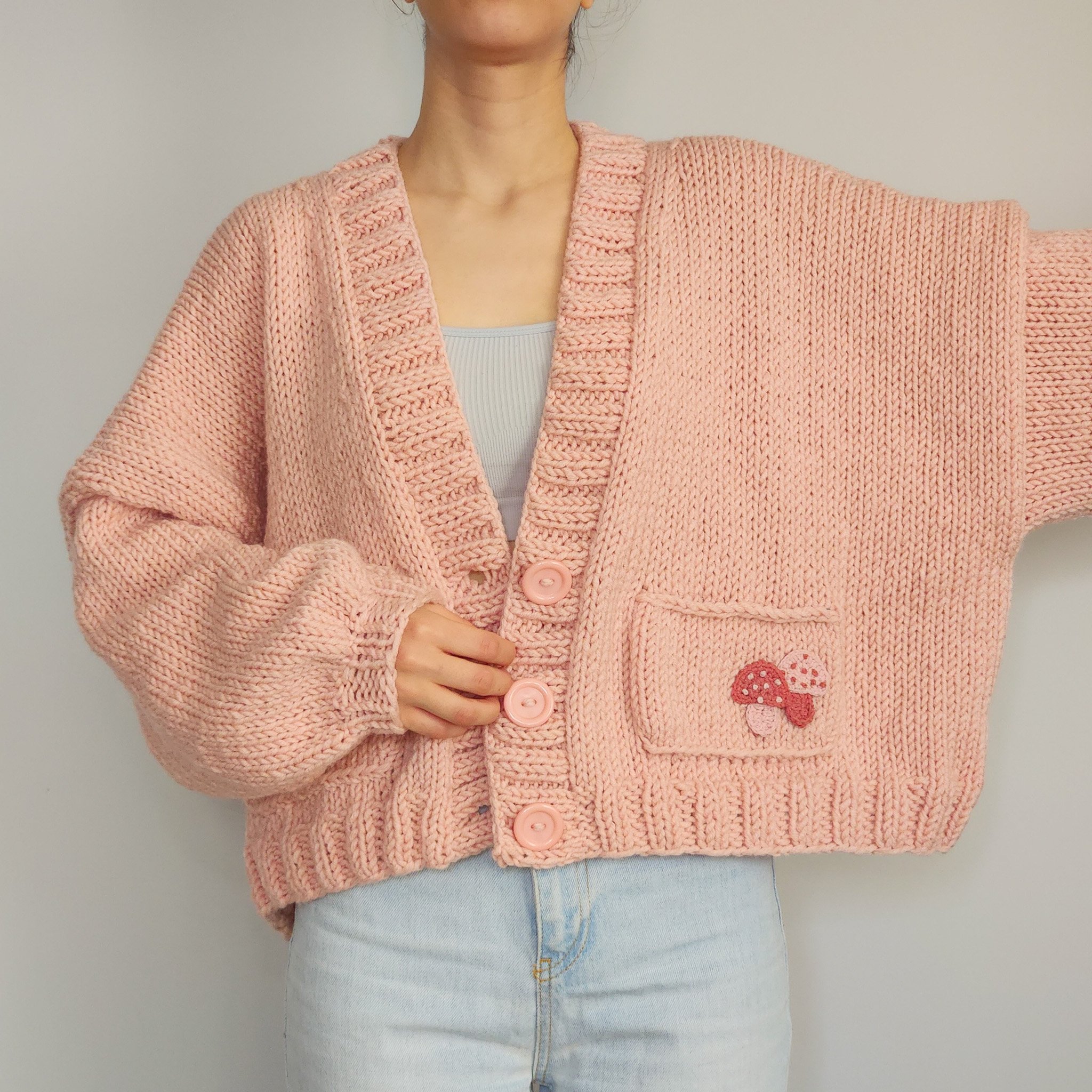 Pink Mushroom Pocket Cardigan