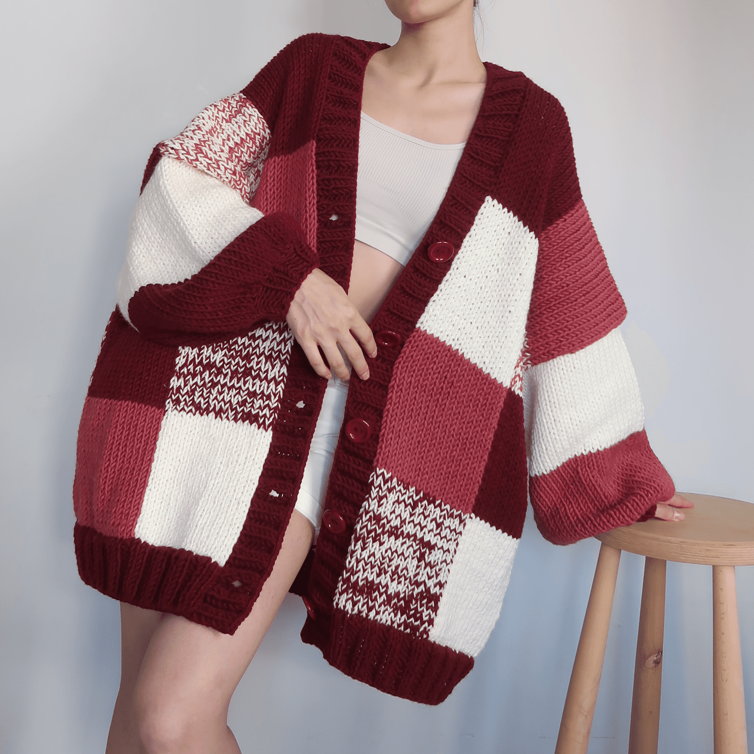 Thinner Maroon Patchwork Cardigan