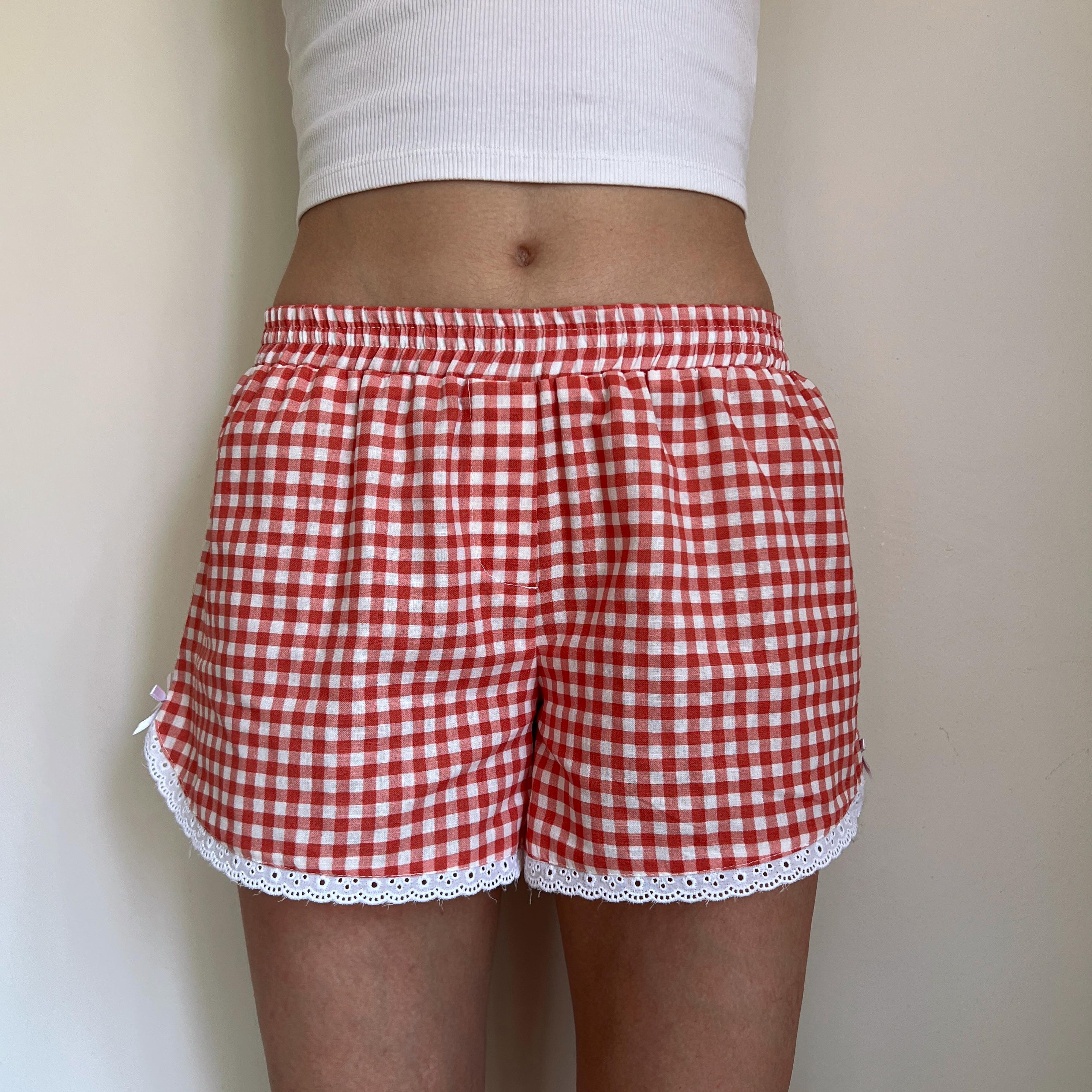 Linen Gingham Check Handmade Shorts with Lace Detail - Brick Red