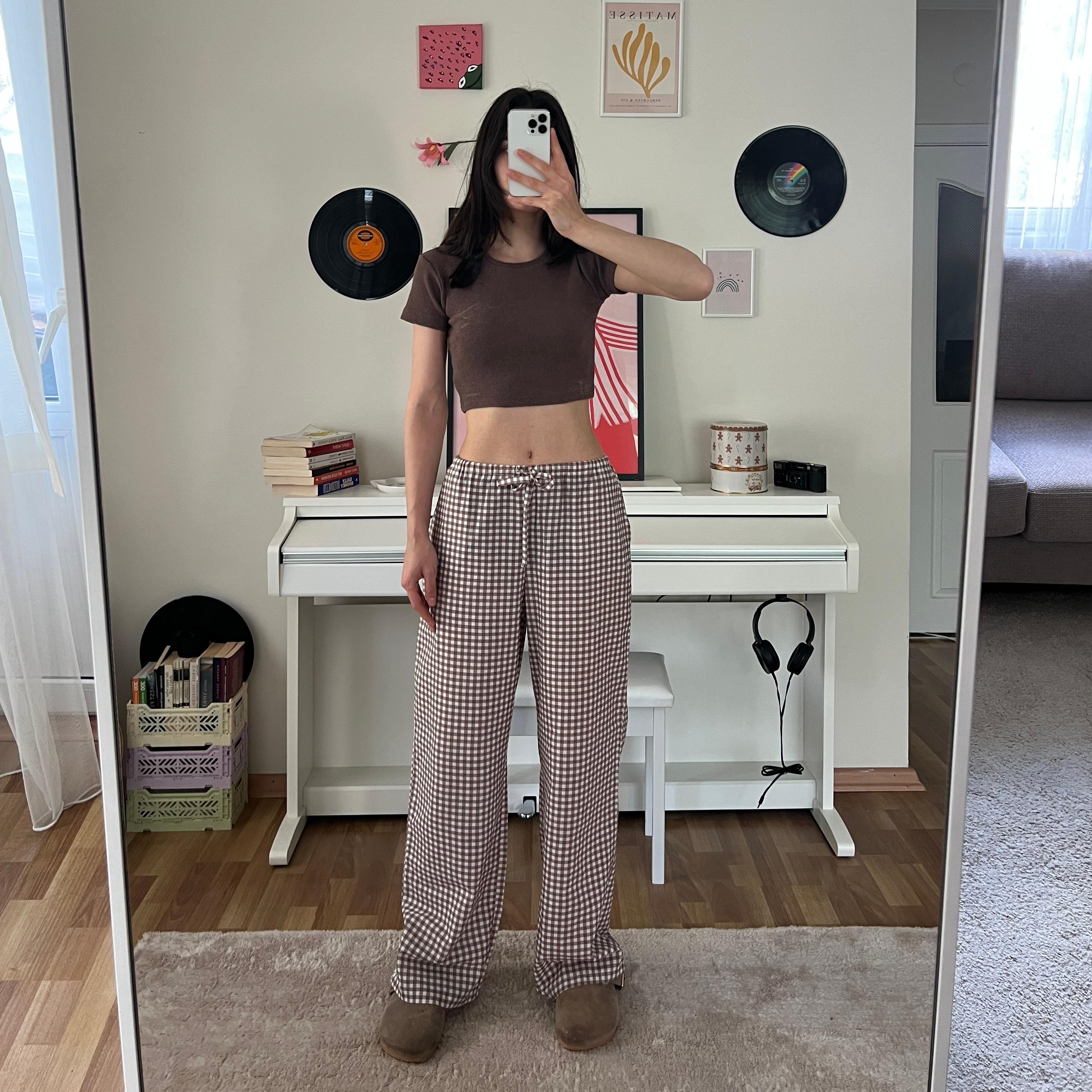 100% Linen Gingham Check Mid-Rise Trousers with Pockets - Brown