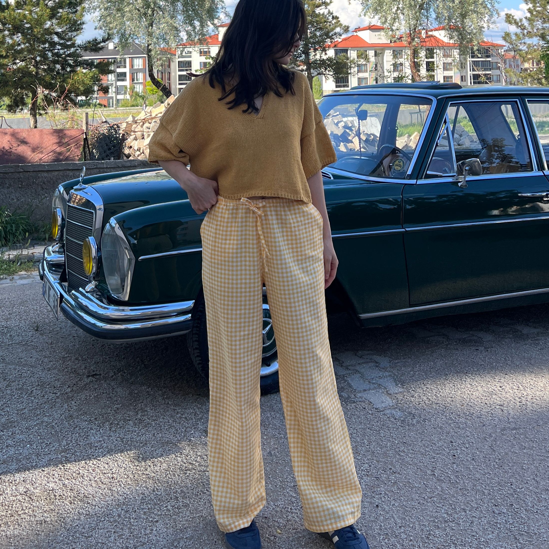 100% Linen Gingham Check Mid-Rise Trousers with Pockets - Yellow