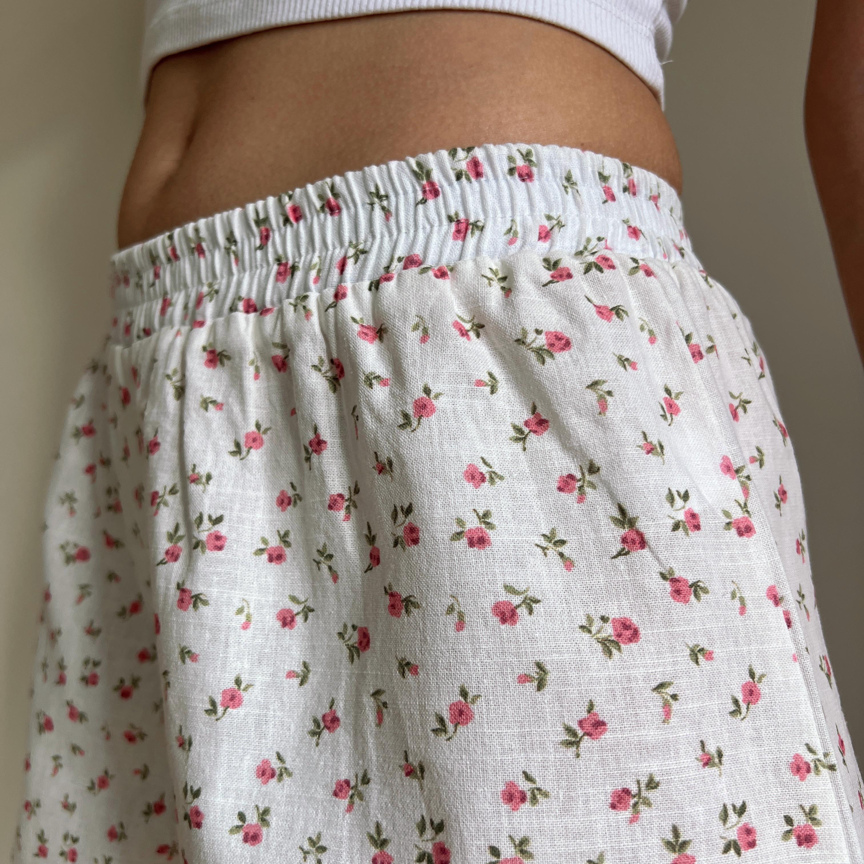 Linen Floral Handmade Shorts with Lace Detail - White