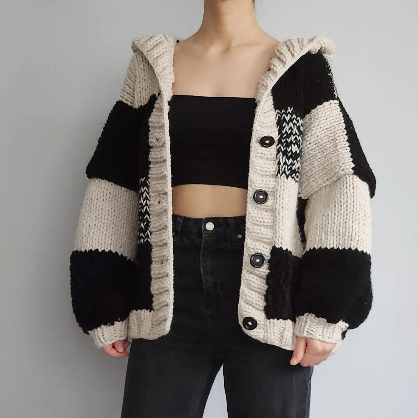 Hooded Black Patchwork Cardigan