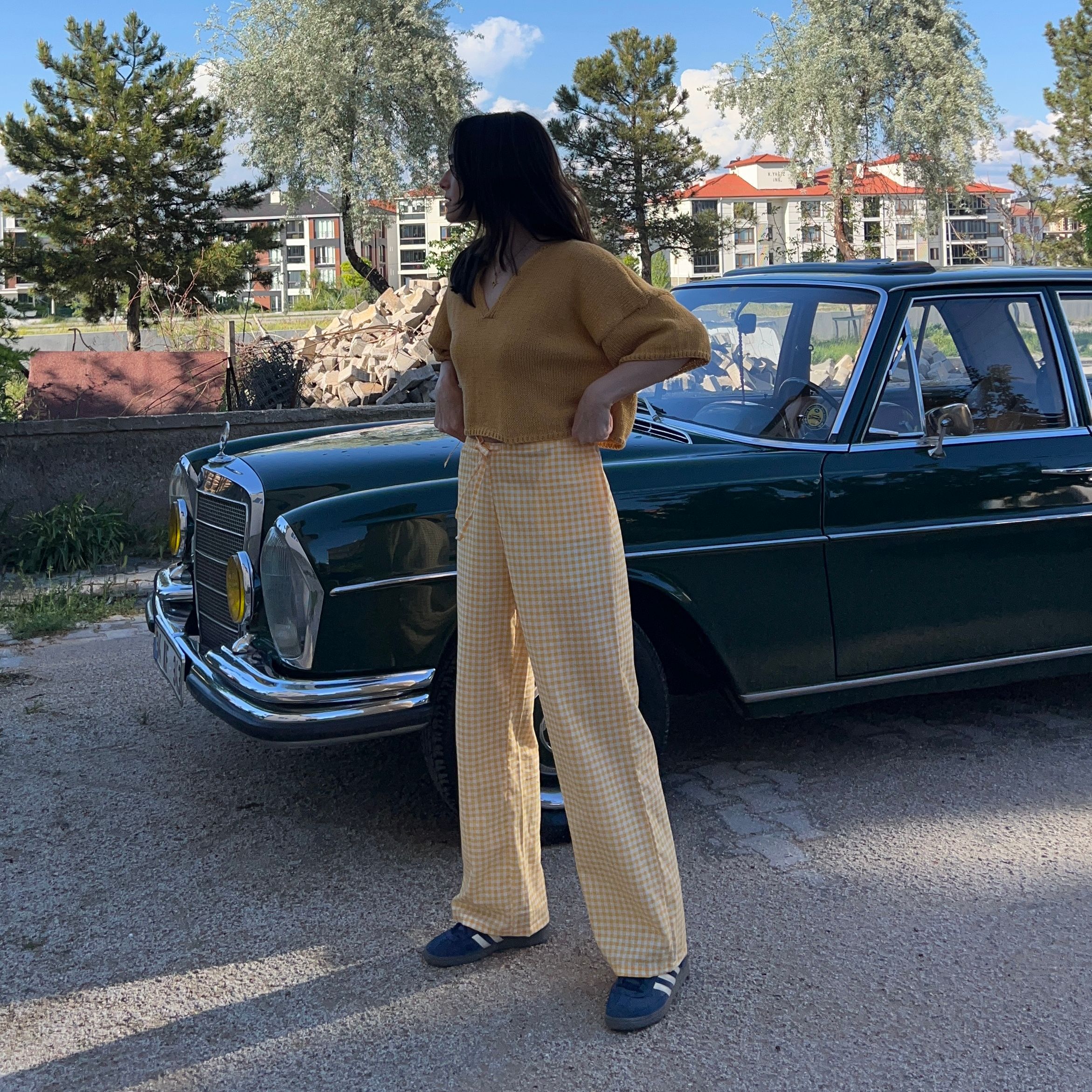 100% Linen Gingham Check Mid-Rise Trousers with Pockets - Yellow
