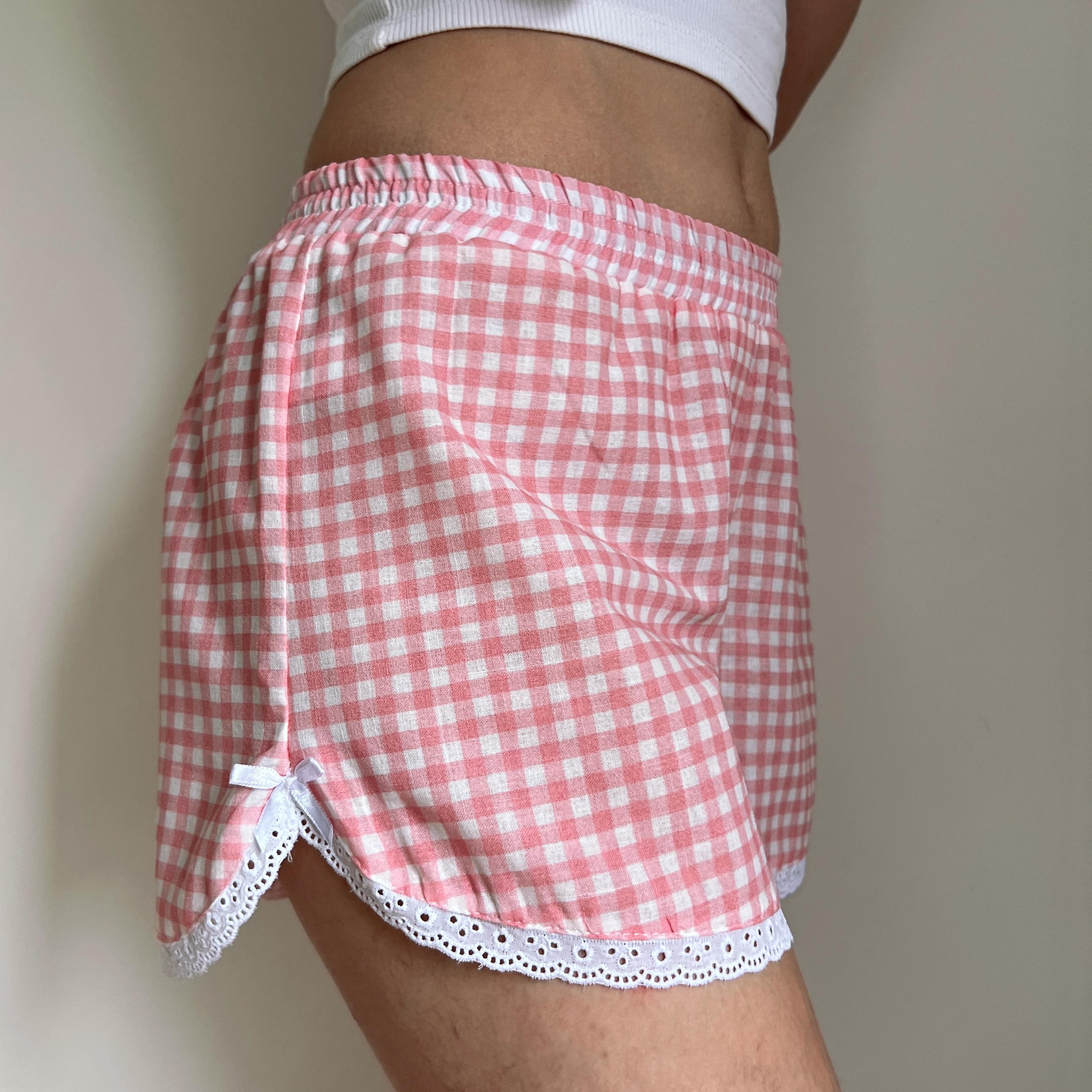 Linen Gingham Check Handmade Shorts with Lace Detail - Pink