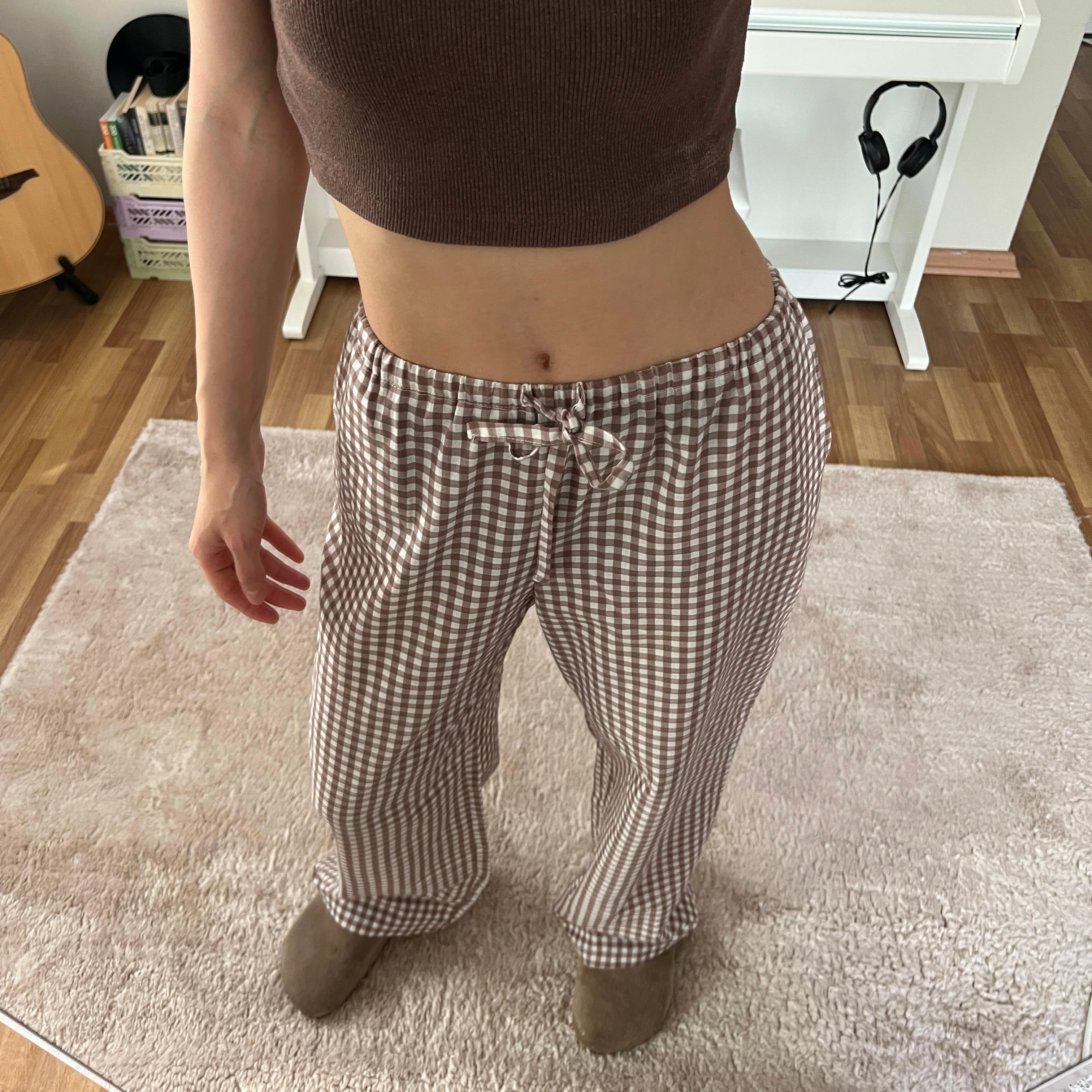 100% Linen Gingham Check Mid-Rise Trousers with Pockets - Brown