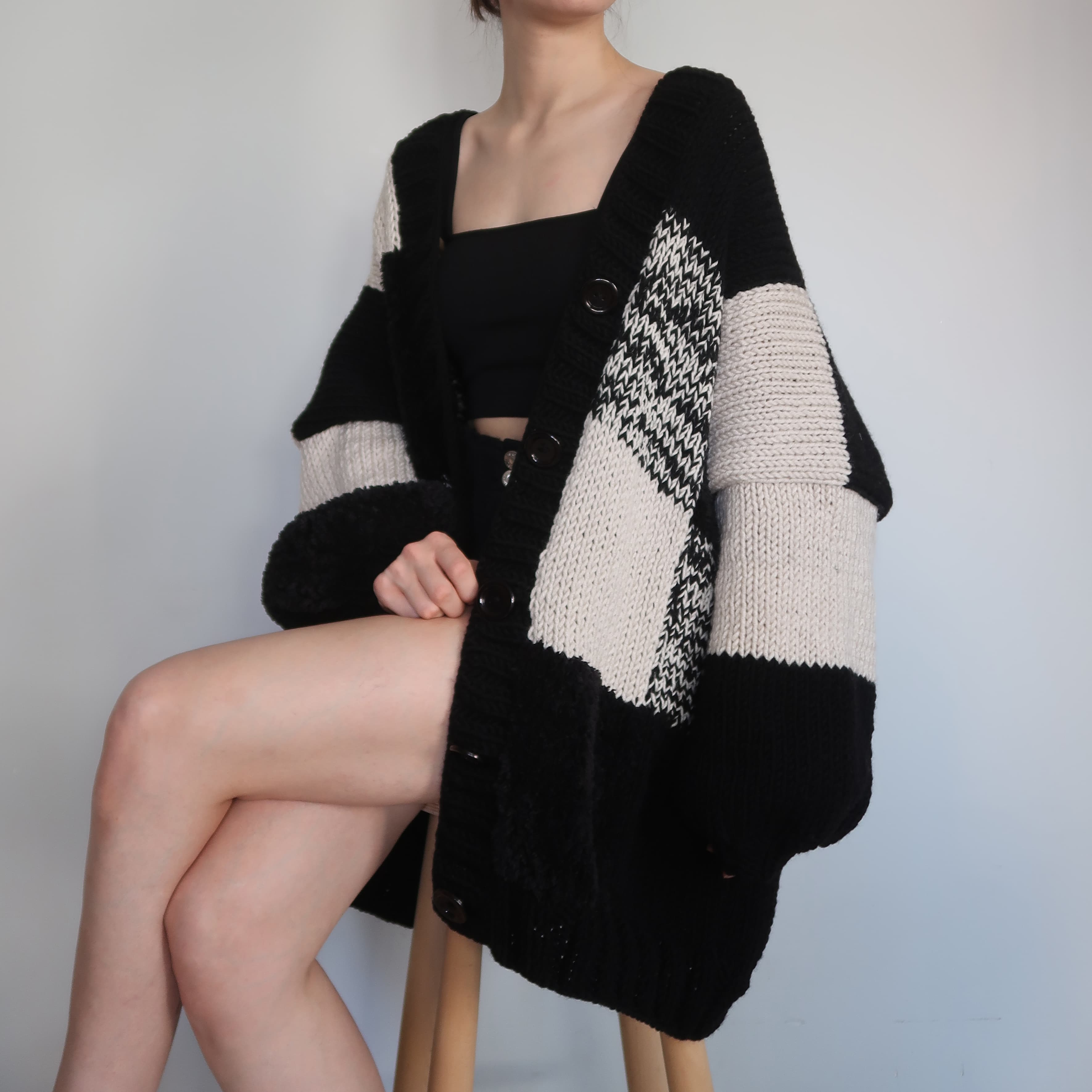 Thinner Black Patchwork Cardigan