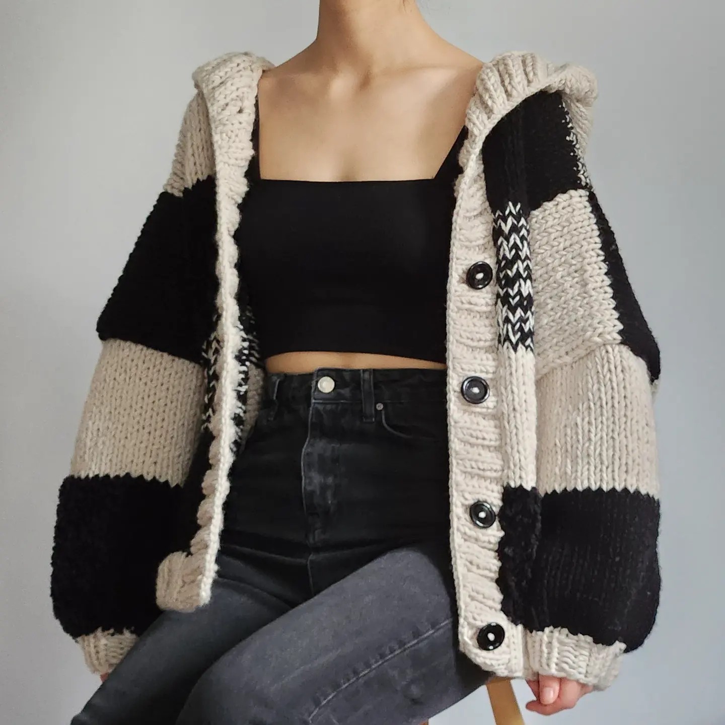 Hooded Black Patchwork Cardigan