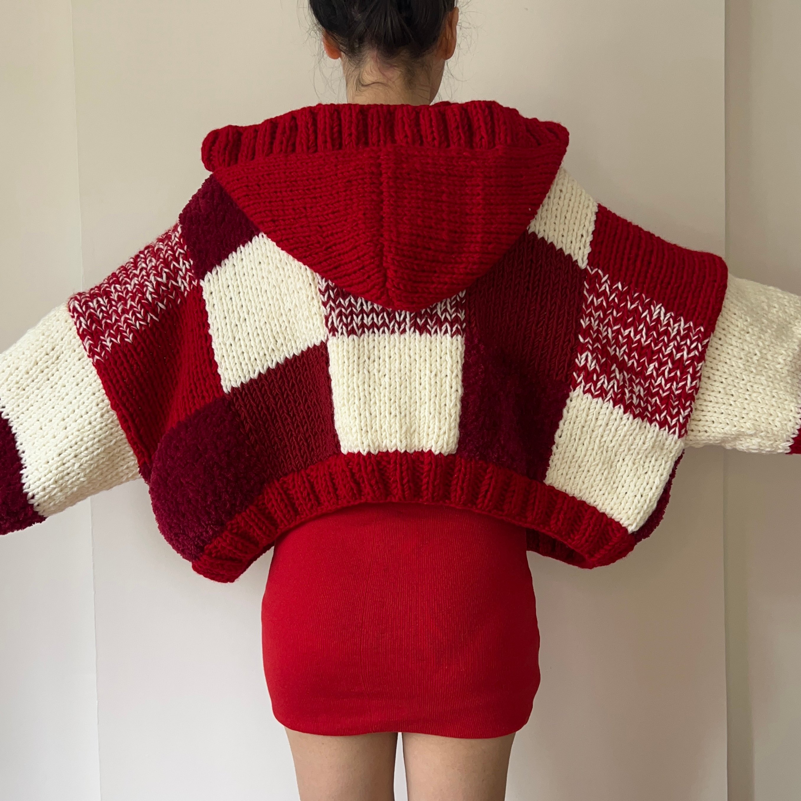 Hooded Red Velvet Patchwork Cardigan