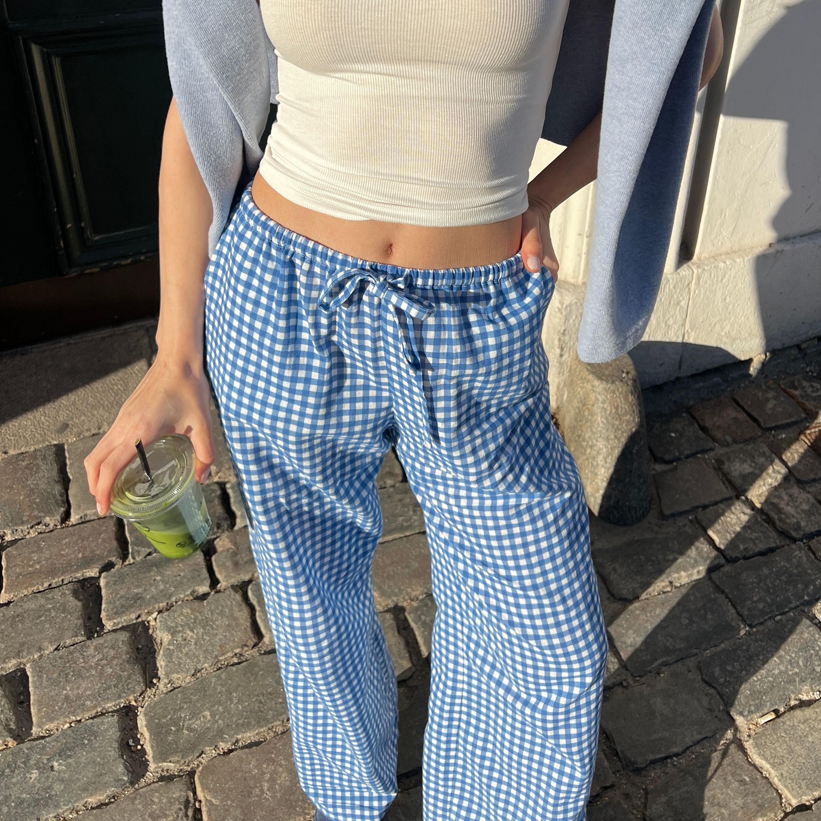 100% Linen Gingham Check Mid-Rise Trousers with Pockets