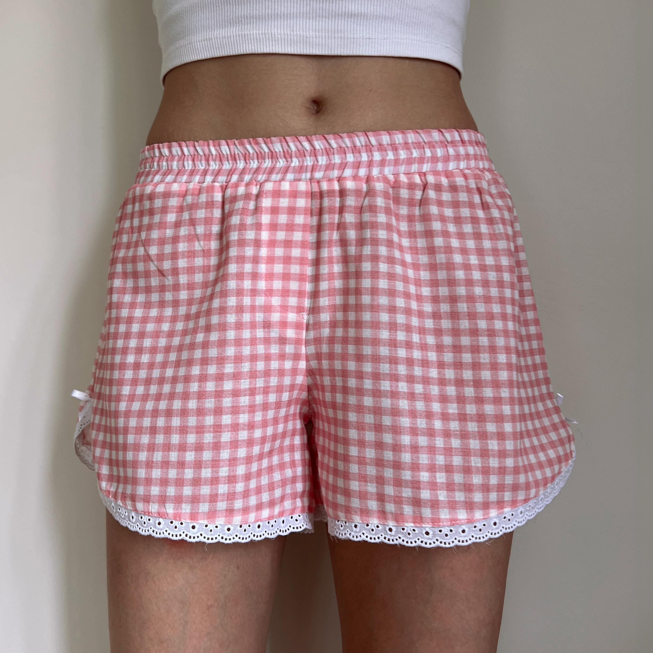 Linen Gingham Check Handmade Shorts with Lace Detail - Pink