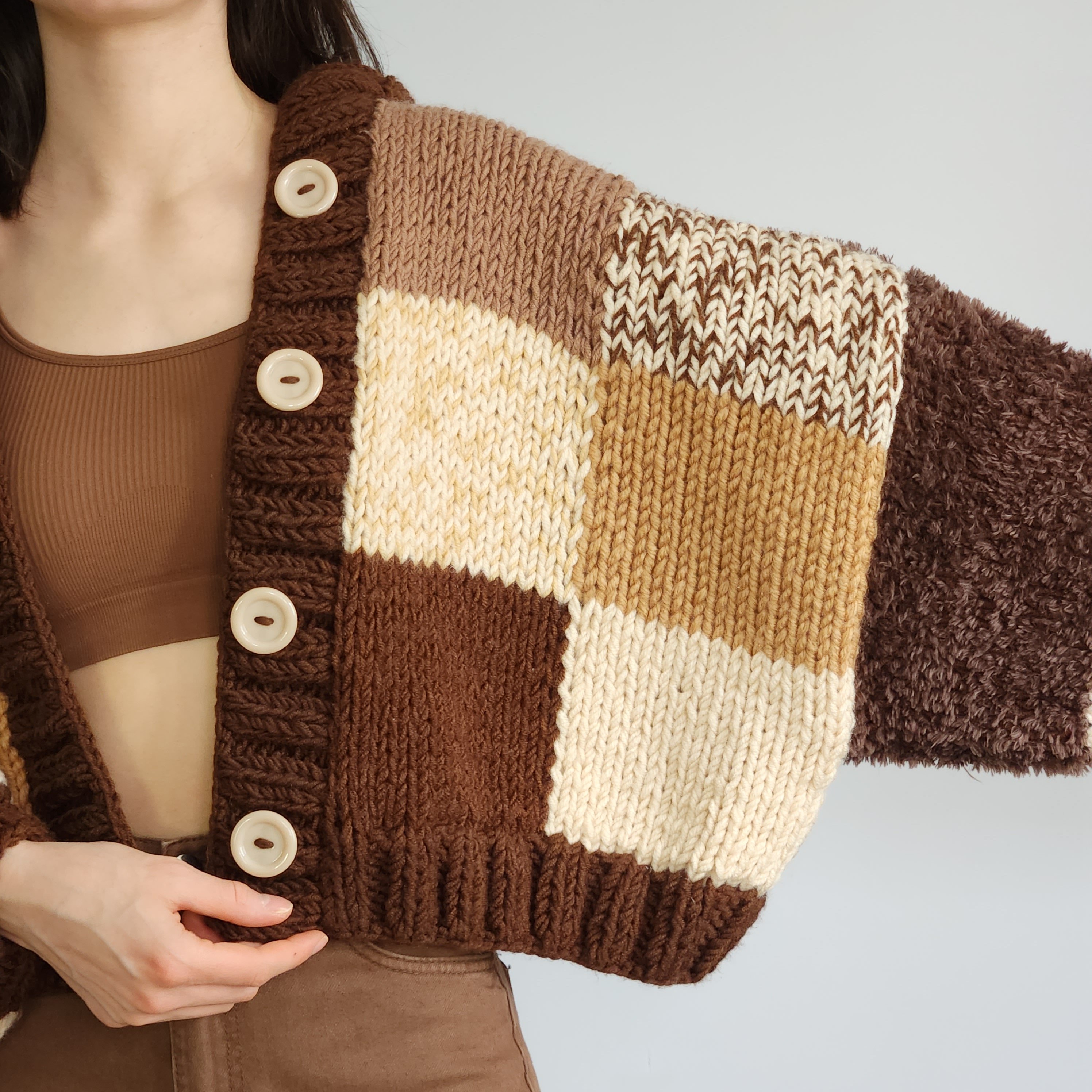 Hooded Dark Chocolate Patchwork Cardigan