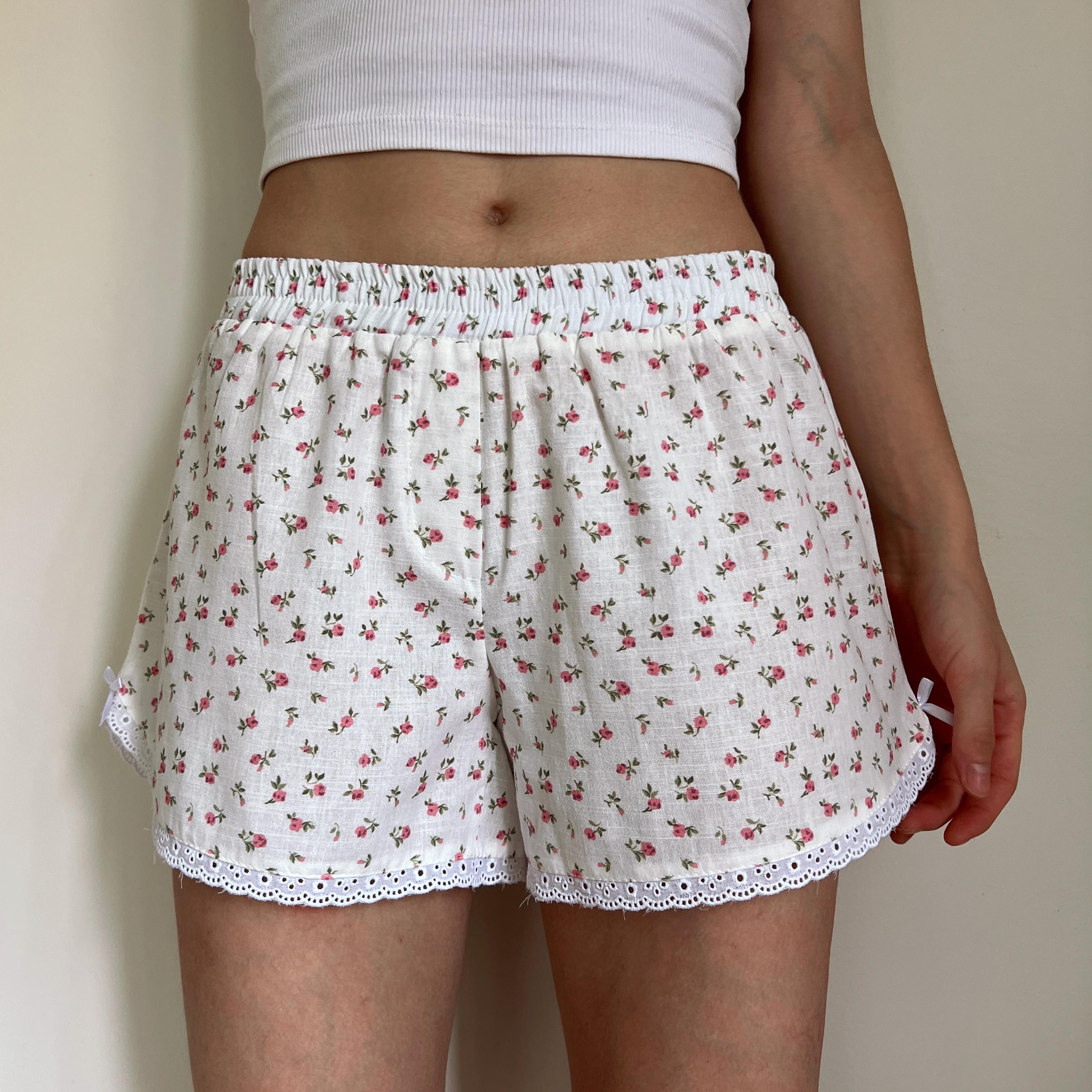 Linen Floral Handmade Shorts with Lace Detail - White